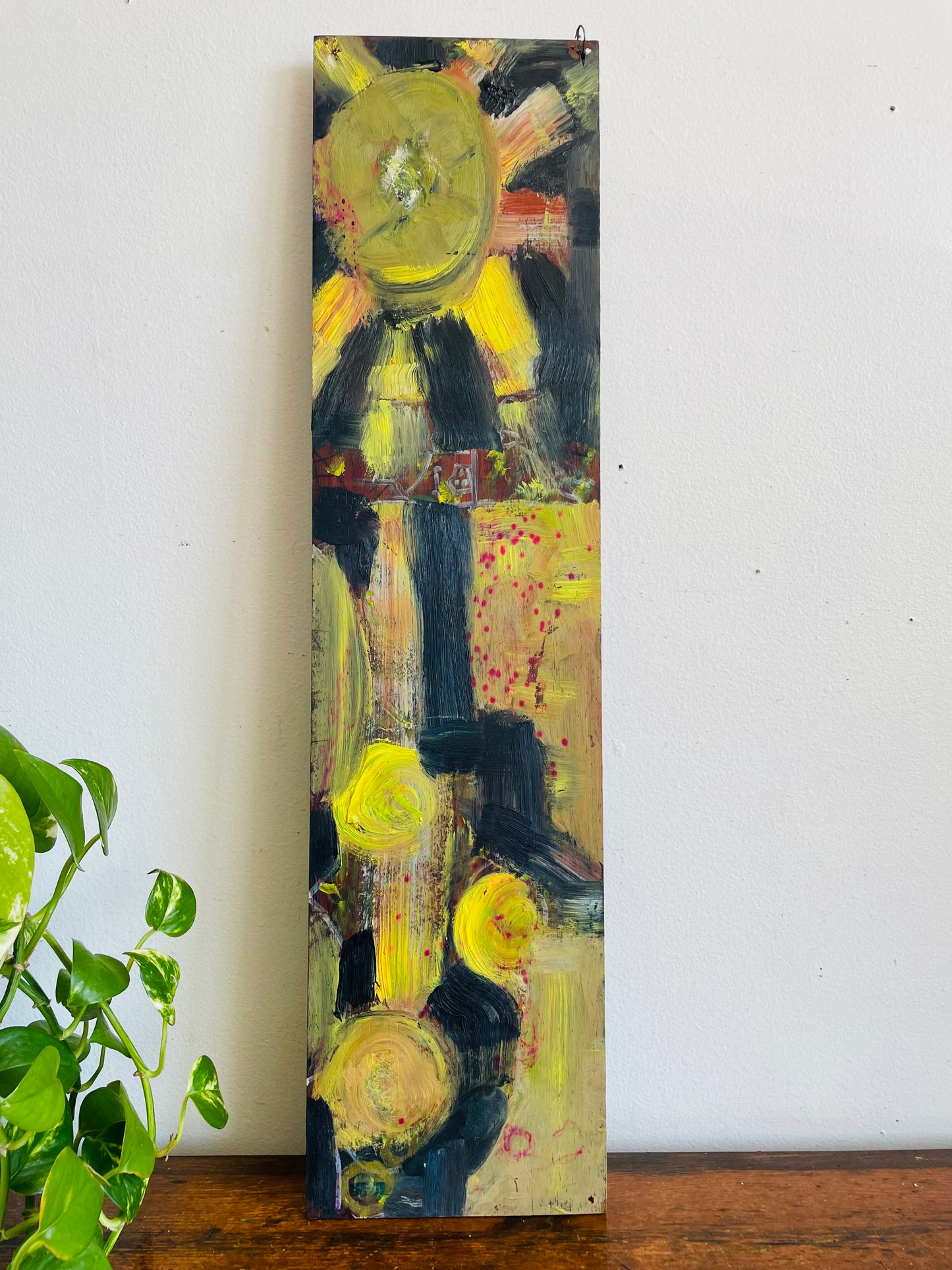 Original Art Yellow & Black Abstract Painting on Wood Board with Fish Hooks to Hang From Wall - Purchased from an Artist's Estate in Fort Erie, ON - No Shipping