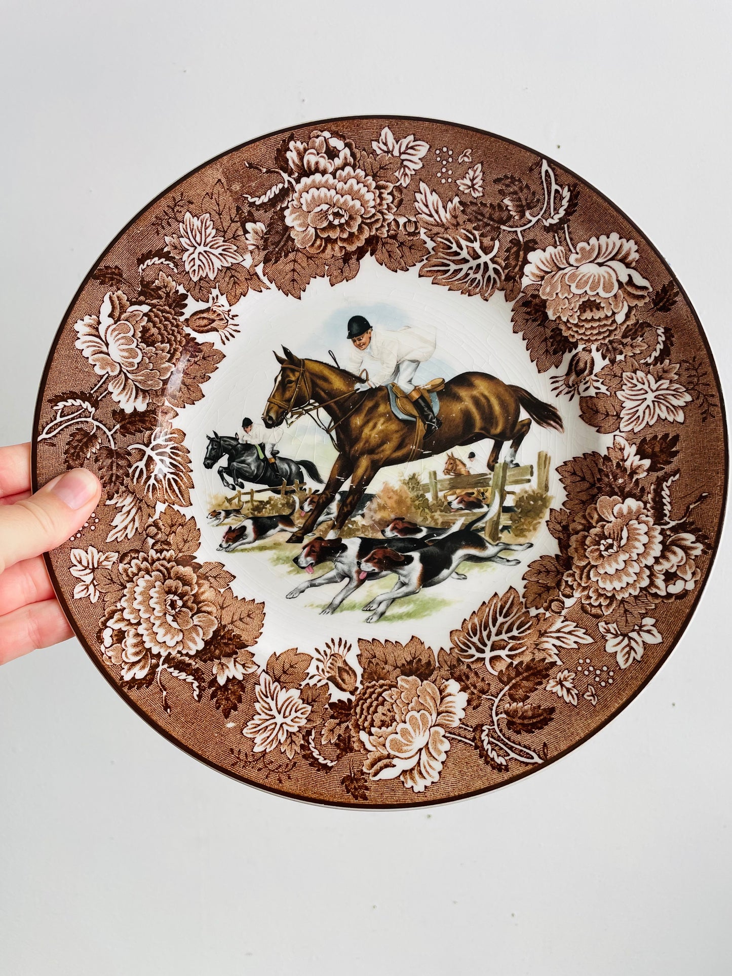 Vintage Wood & Sons Alpine White Ironstone Plate with Brown Flowers, Equestrian / Horse Riders & Dog Design - Made in England