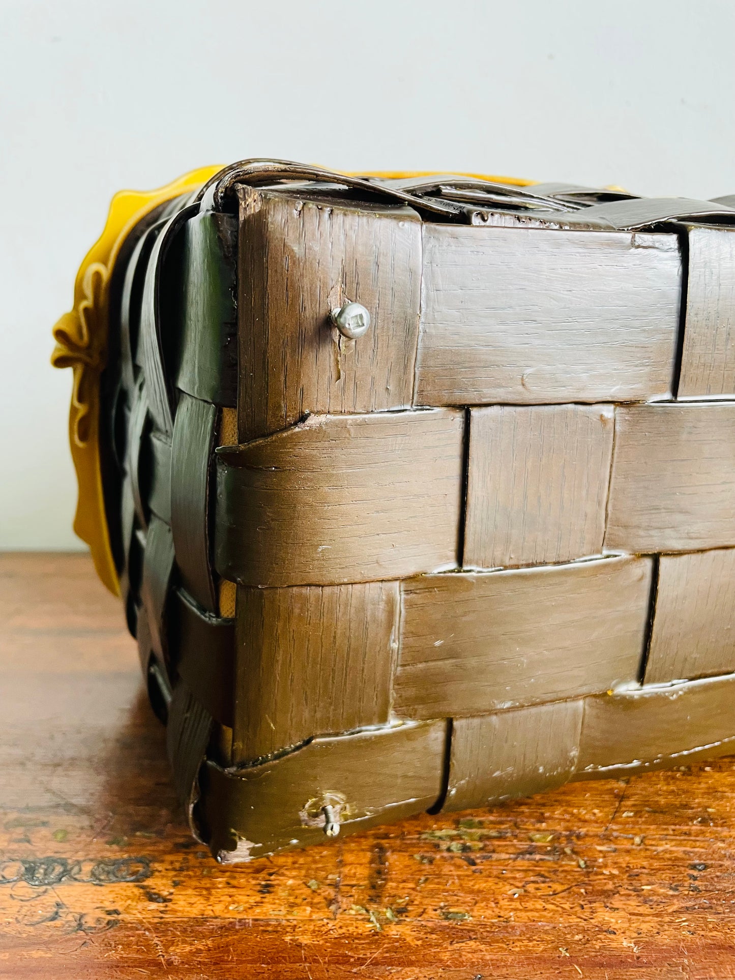 Vintage 1972 Wood Woven Decoupage Basket Purse or Storage Container with Botanical Fruit & Butterfly Design - Artist Signed - Angie 9/72