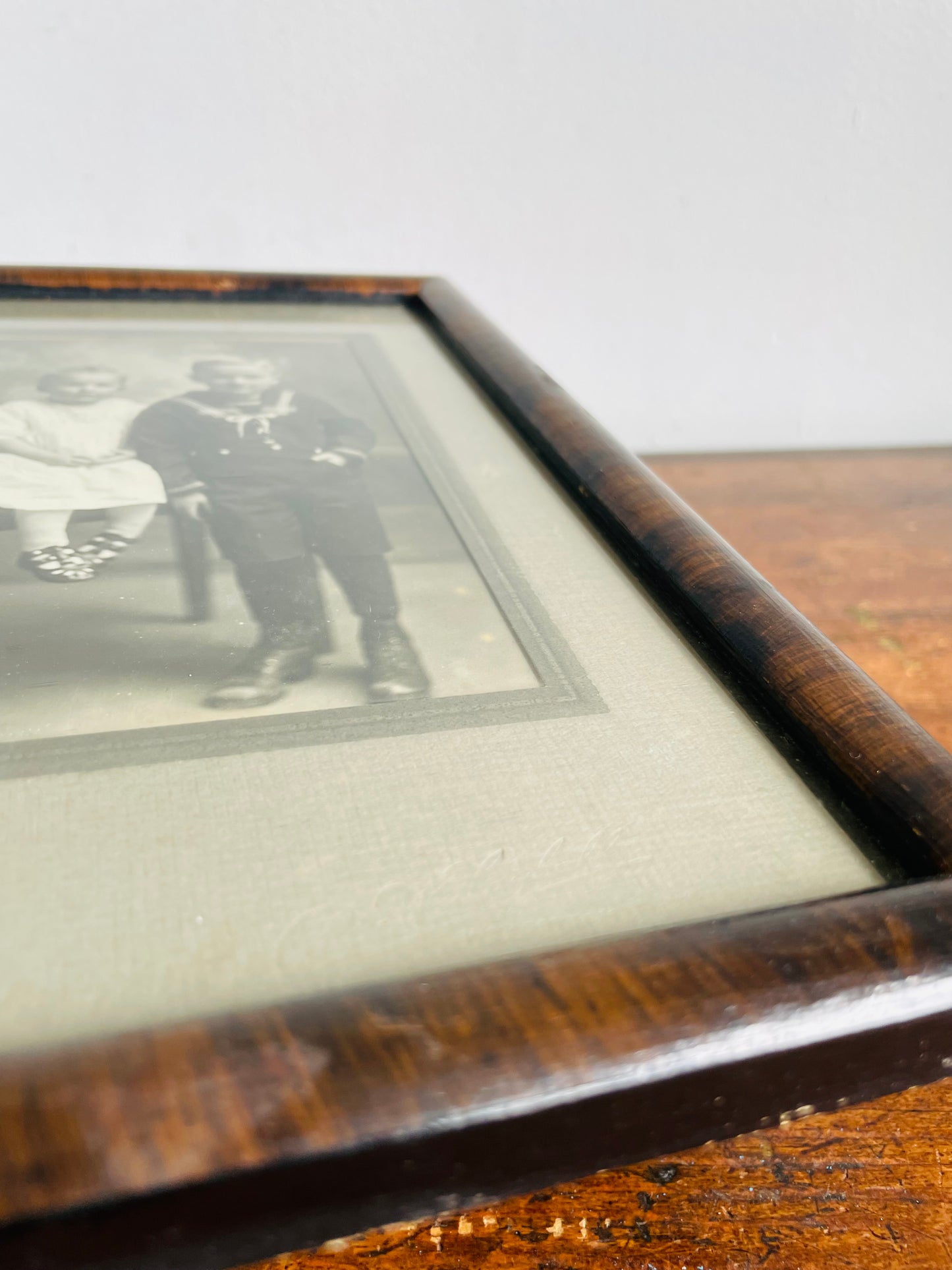 Antique Black & White Photograph of Victorian Era Children in Wood Frame with Mat - Girl in White Dress & Boy in Sailor Suit