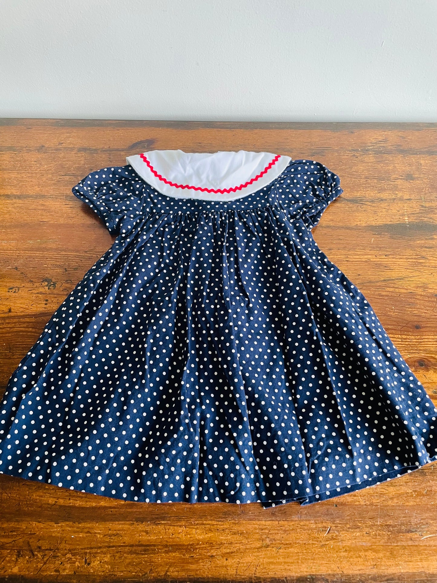 Rare Edition Brand 100% Cotton Navy Polka Dot Dress with ABC School Patches - Size 24 Months