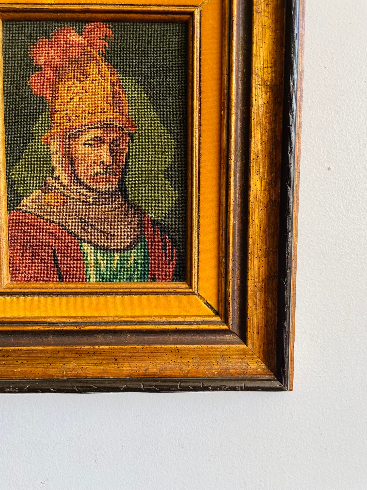 Vintage "The Man With The Golden Helmet" by Rembrandt Needlepoint Embroidery Picture