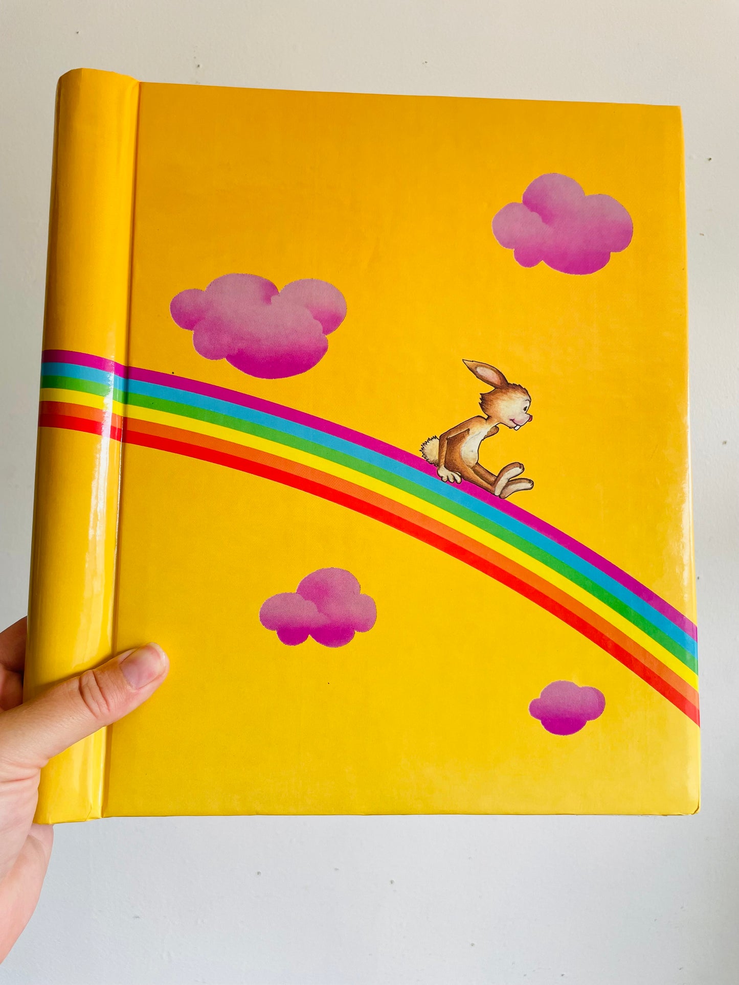 Vintage 1988 Bright Yellow 40 Page Photo Album or Scrapbook with Rabbit Sliding Down Rainbow - Made in Canada