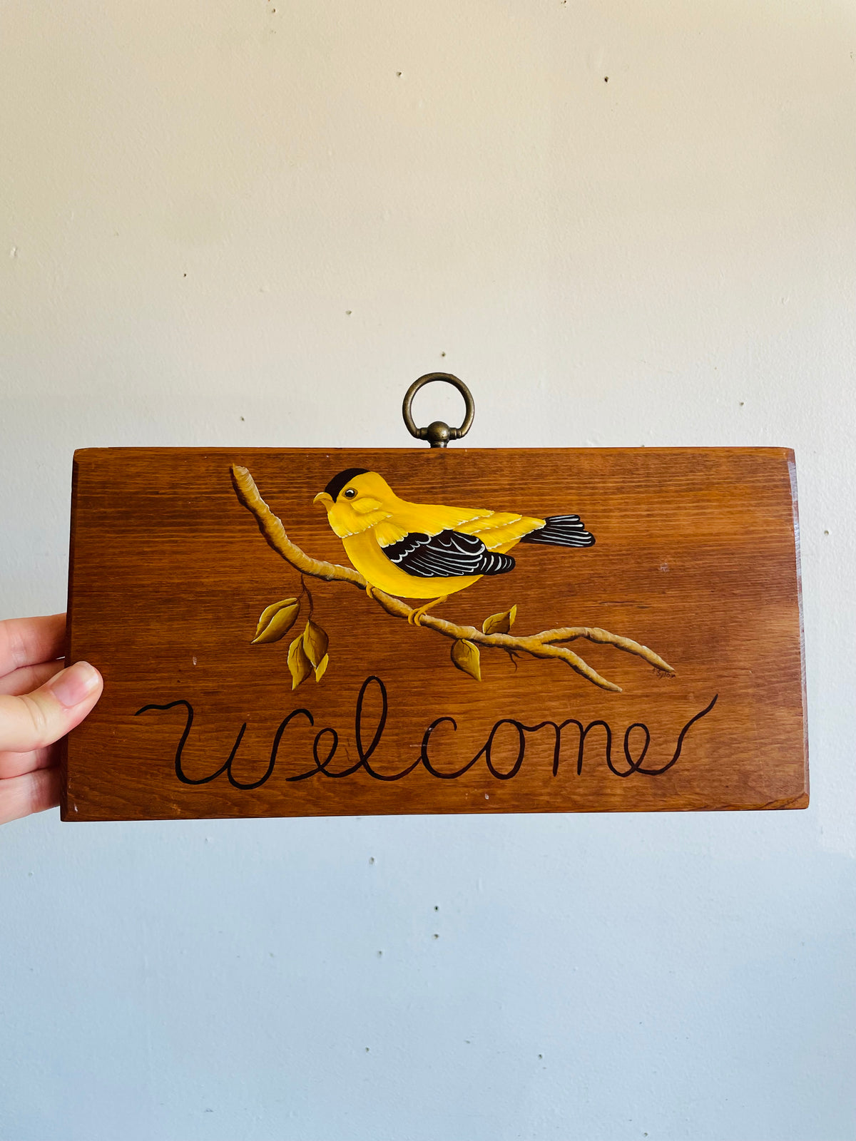 Vintage Wood Welcome Sign with Hand Painted Yellow Bird Design
