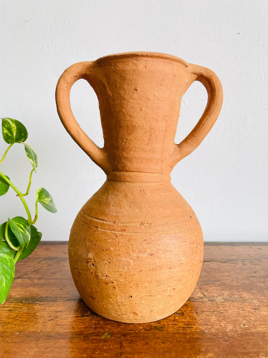 Vintage Rustic Earthenware Terracotta Clay Pitcher Jug Amphora Vase with Two Handles