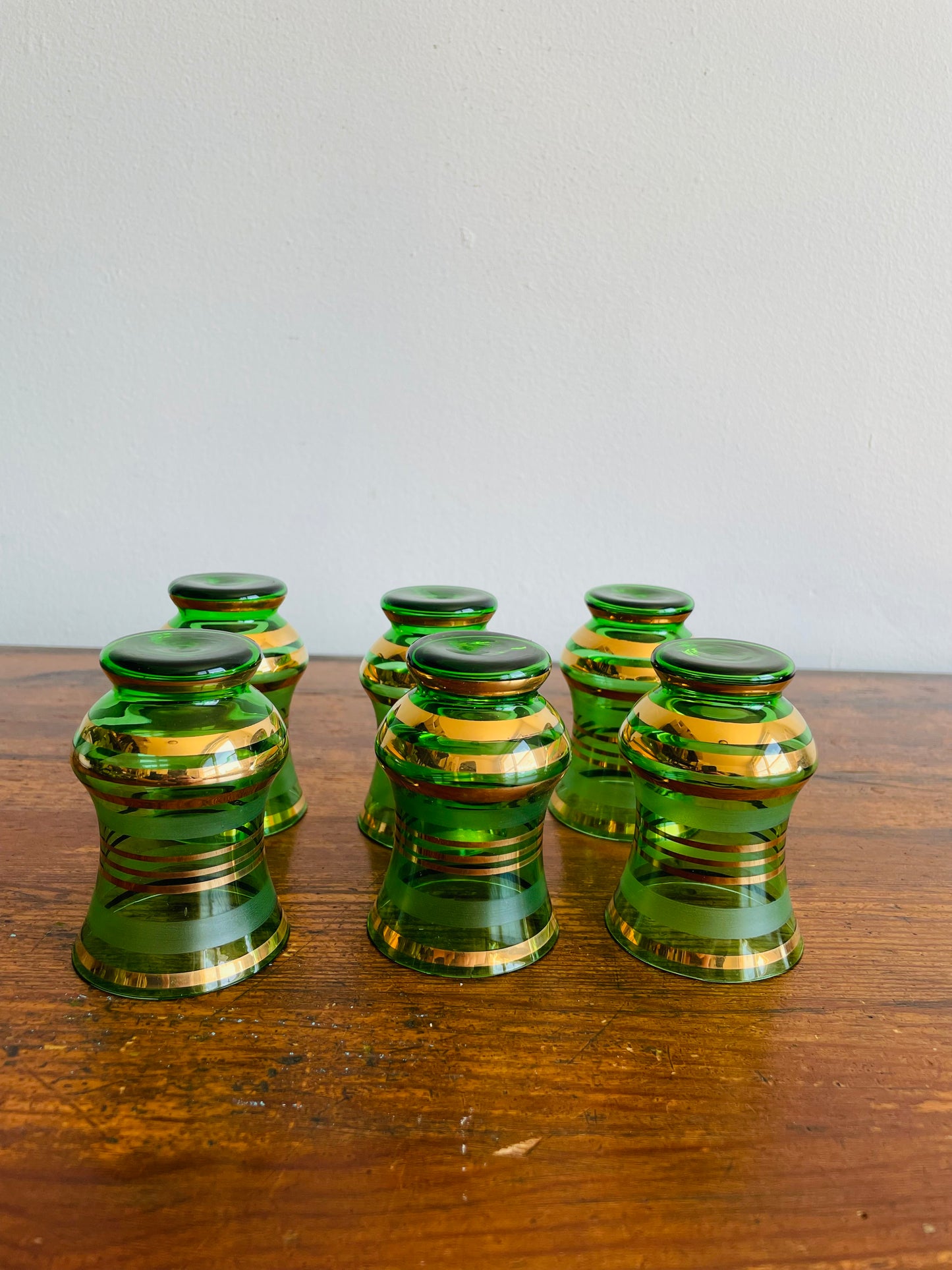 Green Glass with Frosted Bands & Gold Stripes Shot or Cordial Glasses - Set of 6