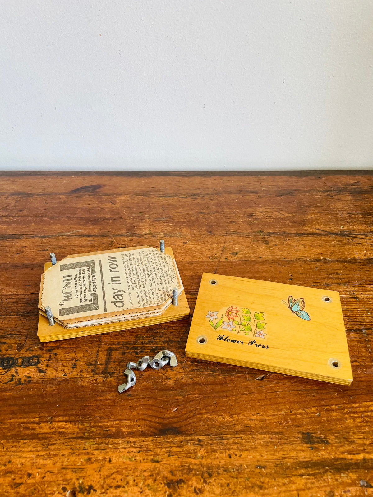 Vintage 1981 Rectangular Wood Flower Press with Floral & Butterfly Design & Wing Butterfly Screws - 5.5" x 4"
