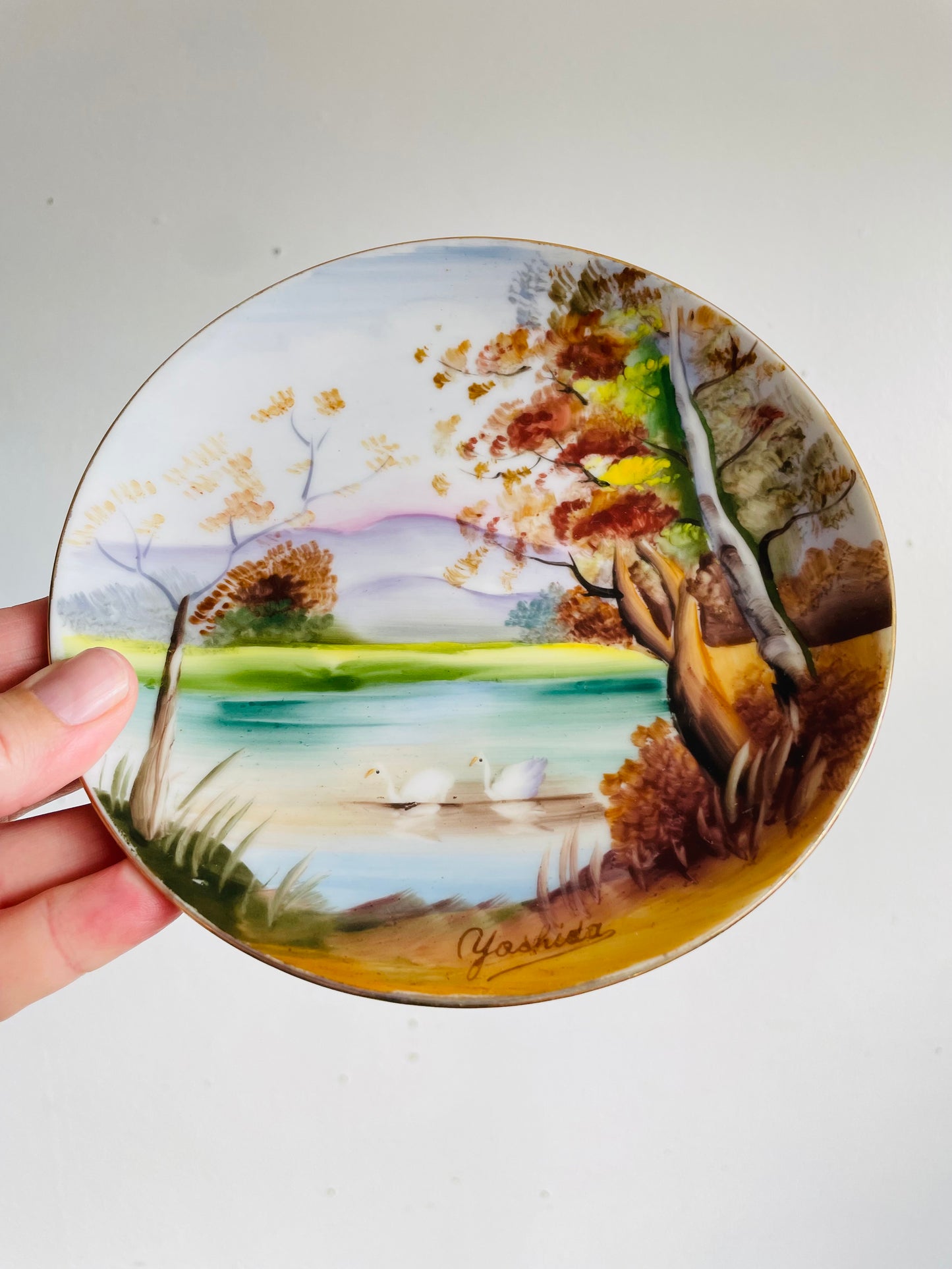 Vintage Hand Painted 6" Wall Hanging Plate with Beautiful Landscape Nature Scene - Swans on Lake, Mountains & Trees - Made in Japan - Signed Yoshida