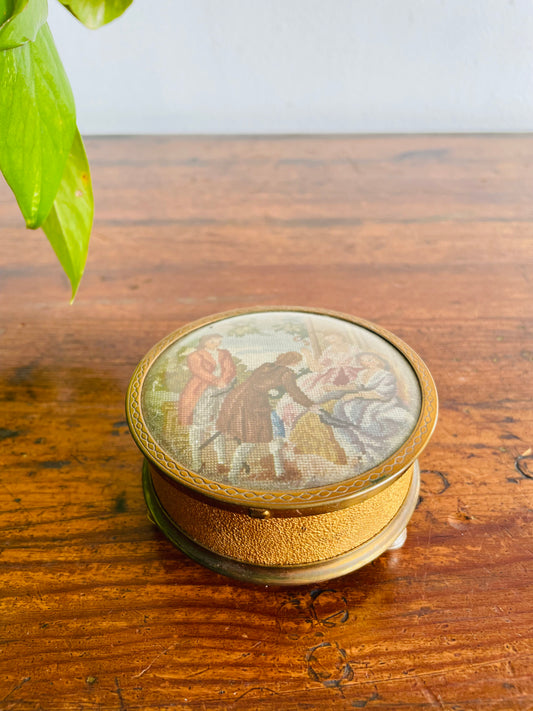 Footed Petit Point Embroidery Round Brass Trinket or Jewellery Box with Mirror Inside