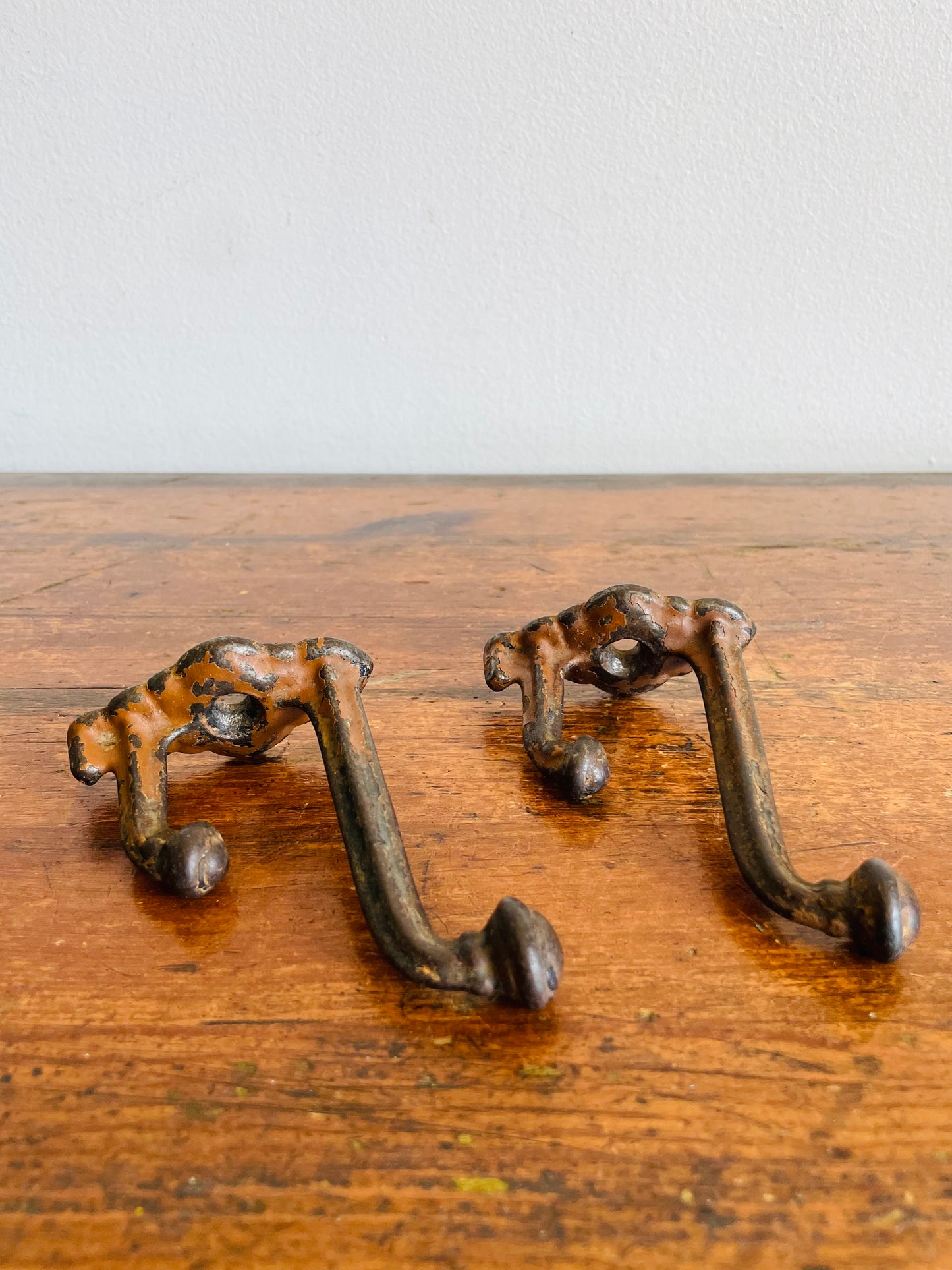 Vintage Black Metal Double Wall Hook Hangers with Chippy Brown Paint - Architectural Salvage / As Found - Set of 2