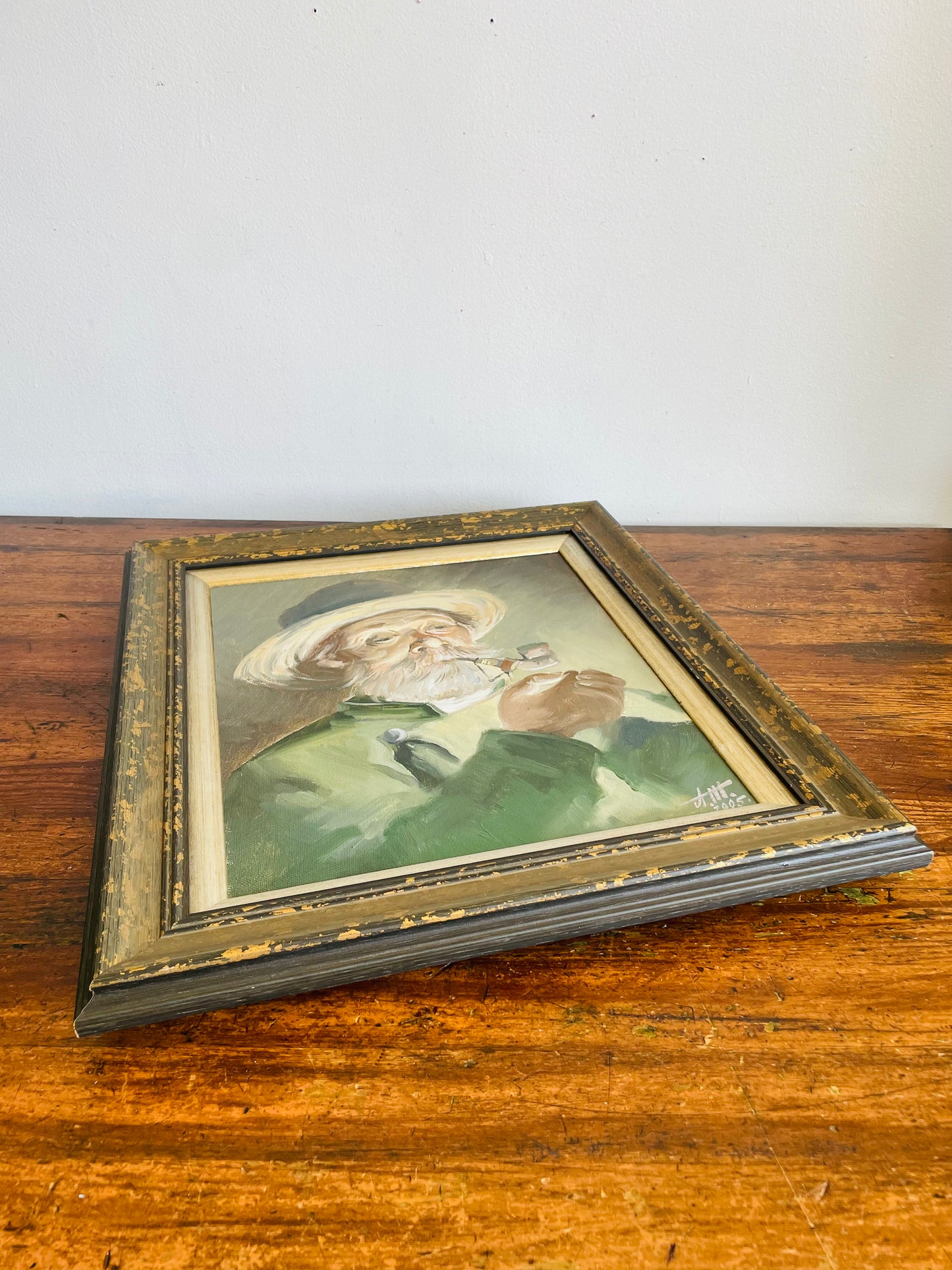 Vintage 2005 Original Art Painting Picture of Old Man Lighting a Pipe - Artist Signed