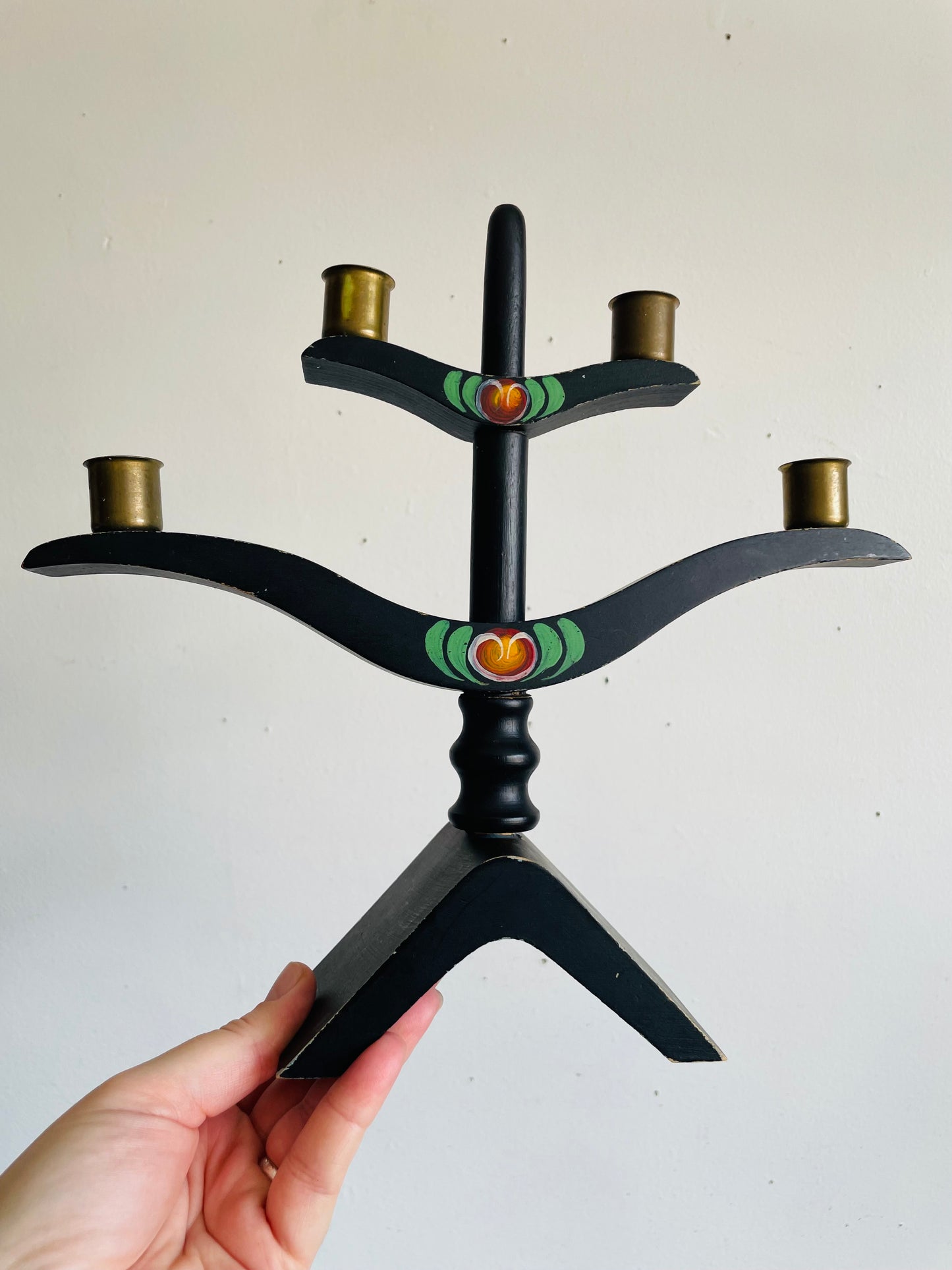 Vintage Scandinavian Folk Art Black Wood & Brass Cup Four Branch Candelabra Candle Holder with Painted Flower Design