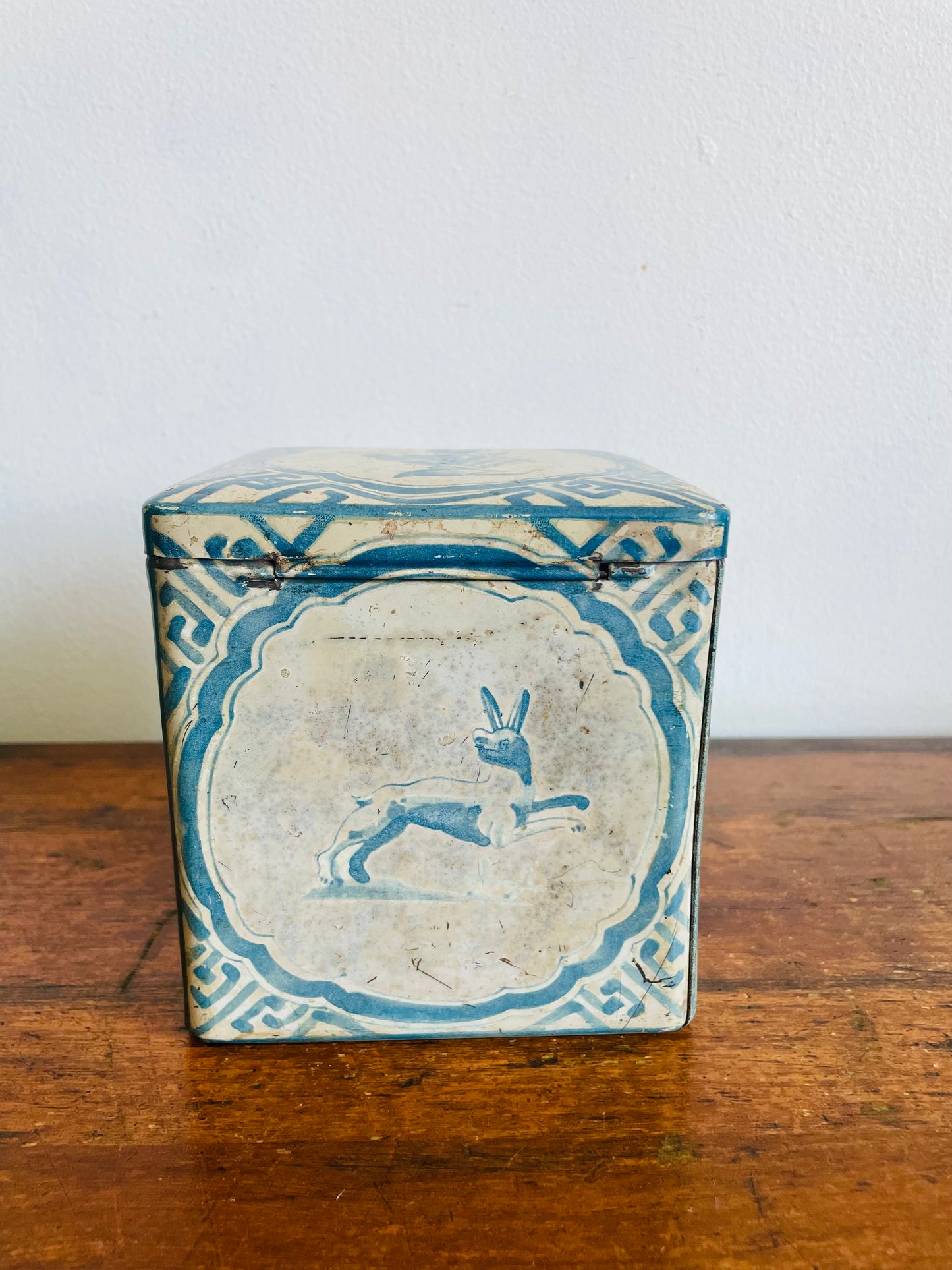 Vintage 1920s Blue & White Delft Tin with Dutch Fox, Rabbit, Dog & Man Design