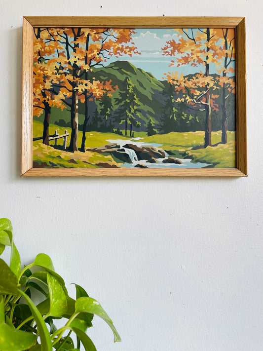 Vintage 1960s Paint by Number (PBN) Picture in Wood Frame of Mountain Landscape Scene with River & Fall Foliage - 11" x 15"