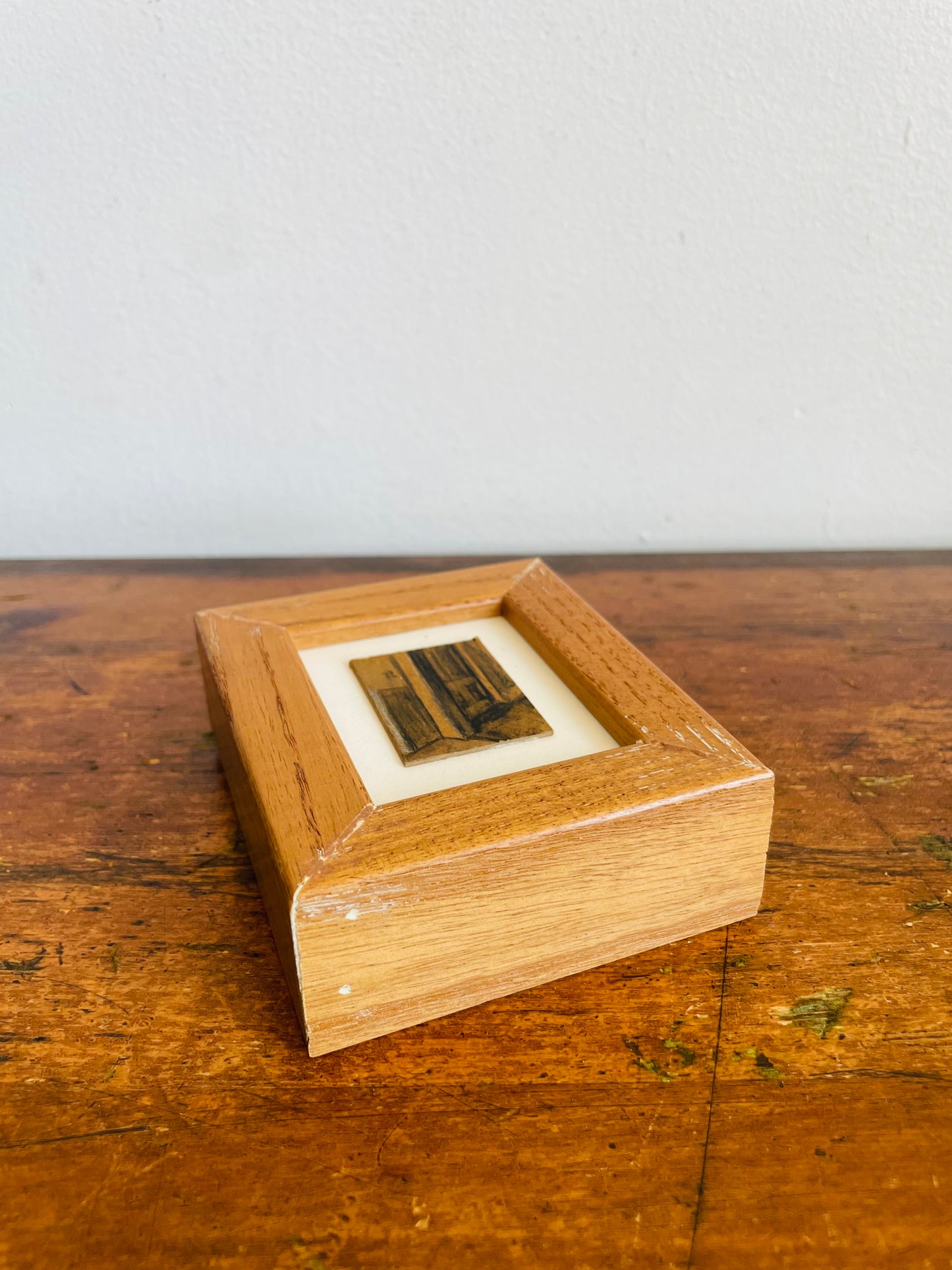 Vintage 1995 Miniature Original Art Painting in Chunky Tan Wood Frame - Artist Signed