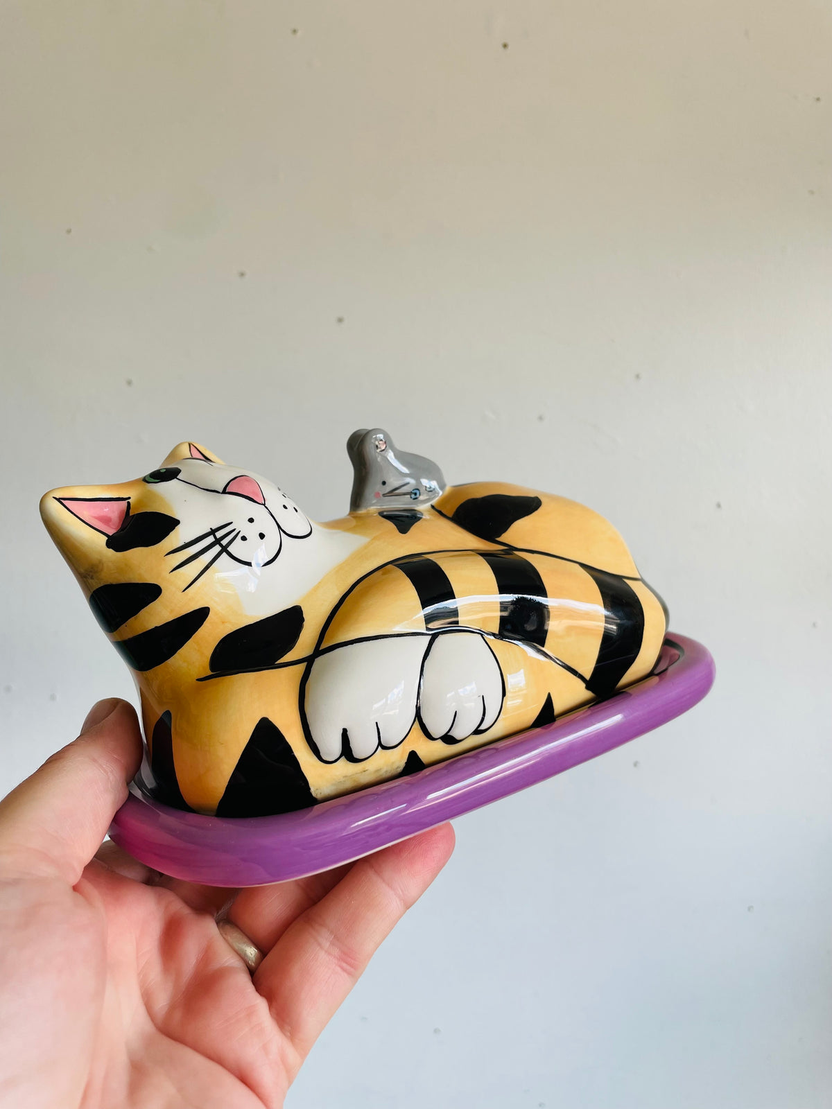 Vintage 2002 Bright & Fun Catzilla Striped Orange Cat & Mouse Butter Dish - Candace Reiter Designs - Whimsical Home Decor