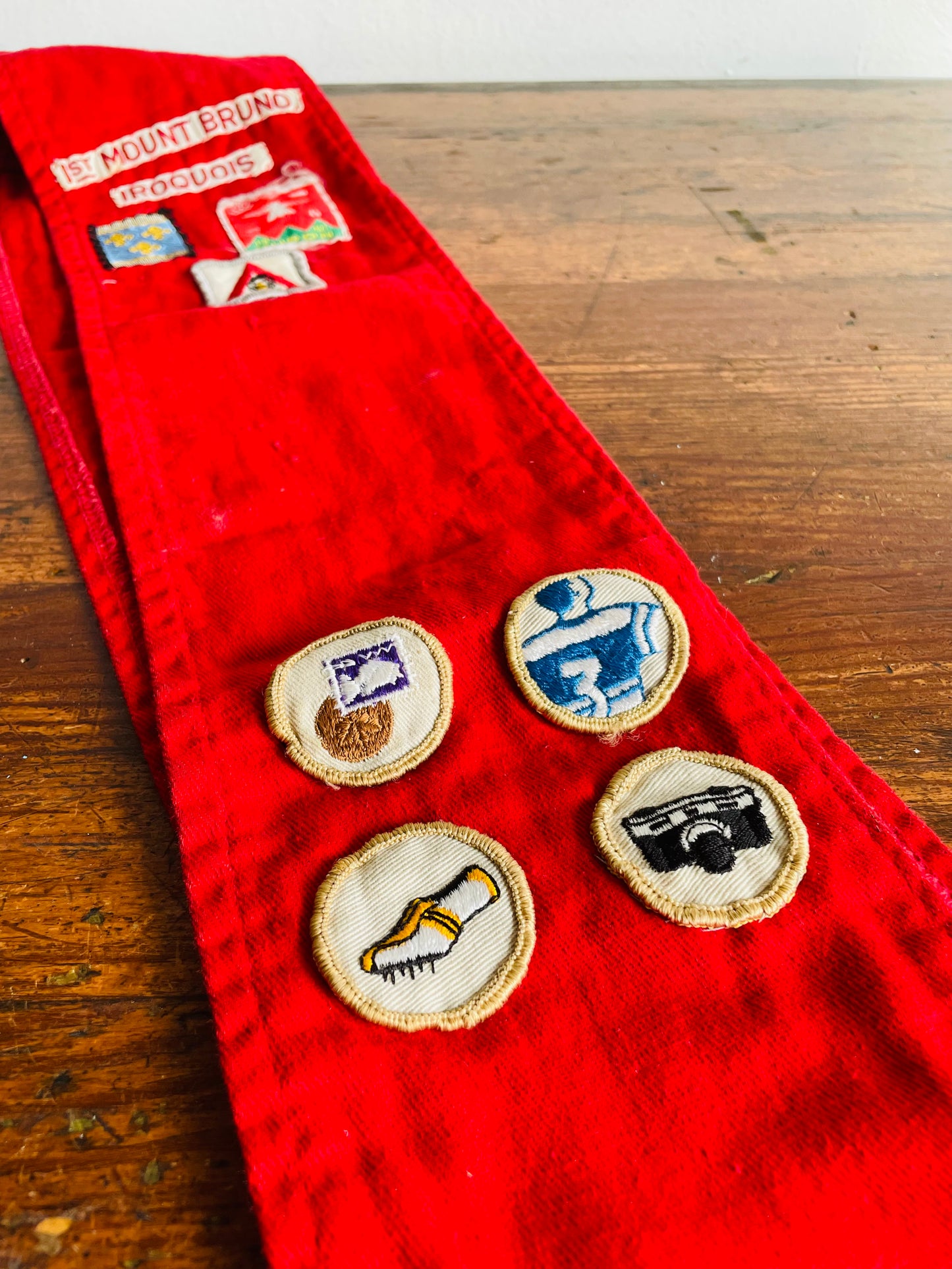 1960s Boy Scouts of Canada Red Merit Badge Sash with 7 Patches - 1st Mount Bruno Iroquois