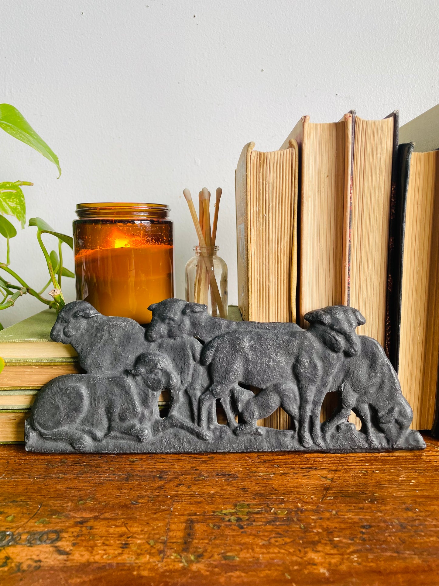 Vintage Very Sturdy & Heavy Cast Iron Wall Relief Plaque Picture - Herd of Sheep in Black Silhouette
