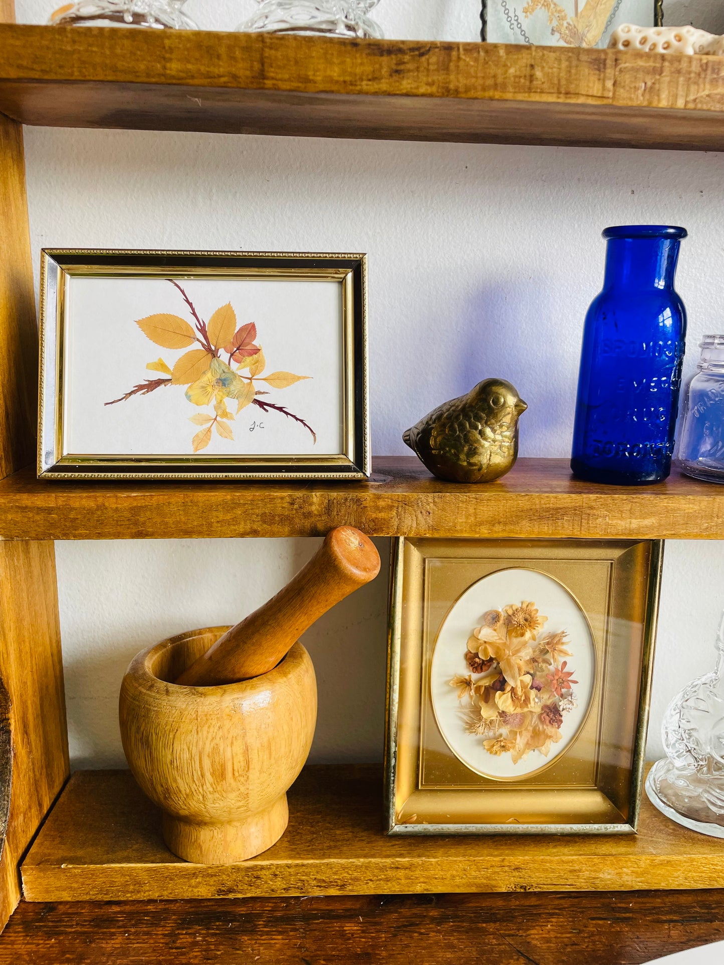 Dried Flower Arrangement - Oval Gold with Brass Shadow Box Frame - Easel Prop for Standing