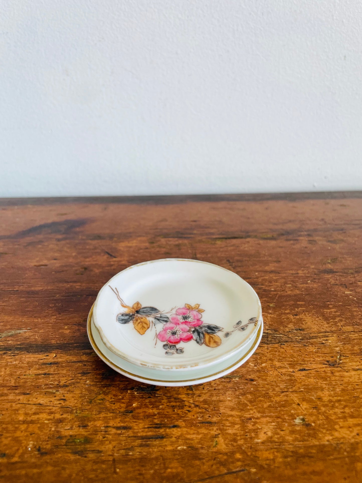 Vintage Miniature White Butter Pat Dishes with Floral Designs - Set of 2