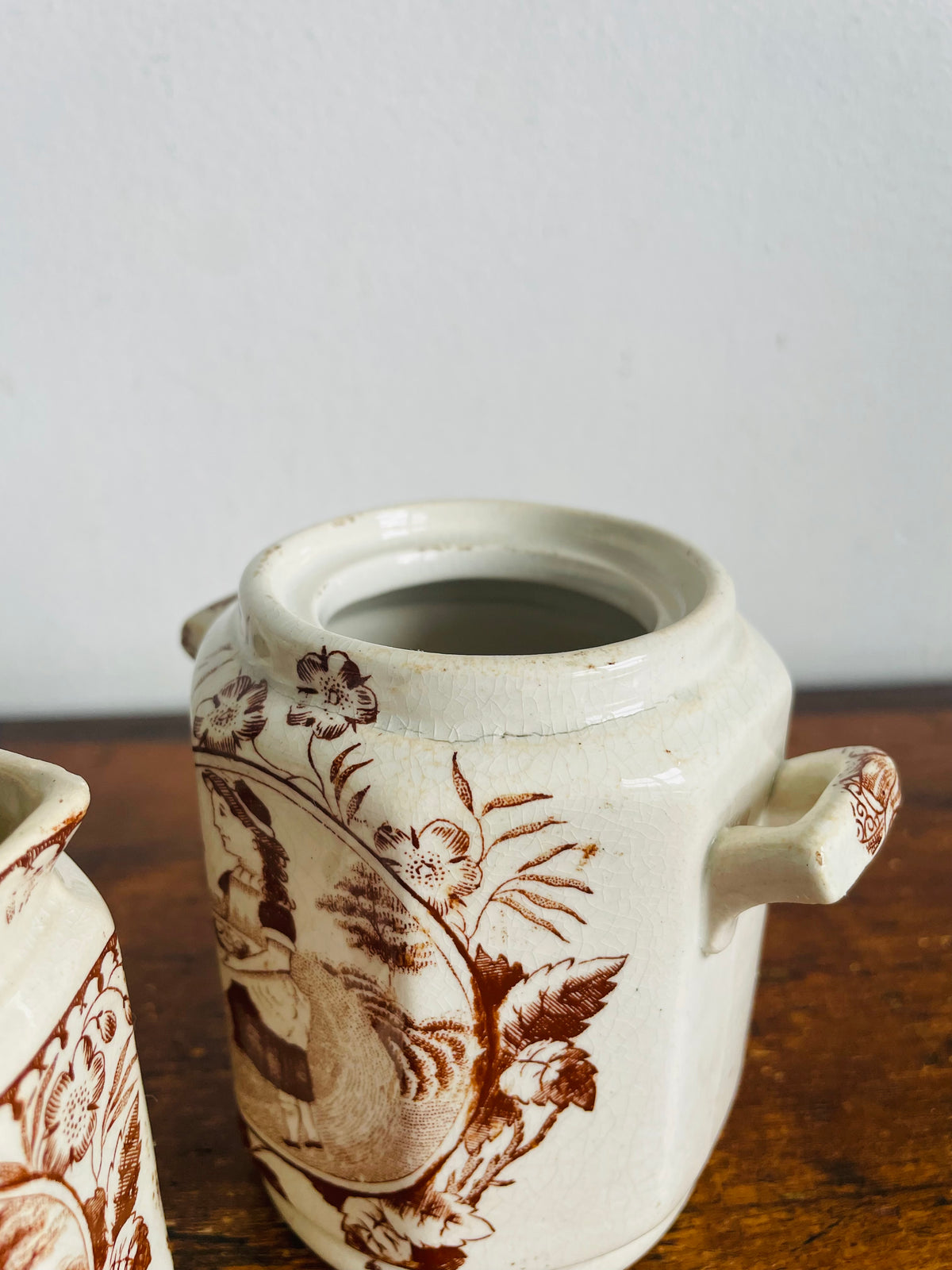 Antique Late Victorian 1880-1890 "Little May / Mae" Pattern 753 Sepia Brown Transferware Children's Toy Tea Set - Charles Allerton & Sons England - Plates, Bowl, Creamer, Biscuit Jar & Teapot - Set of 6 Pieces