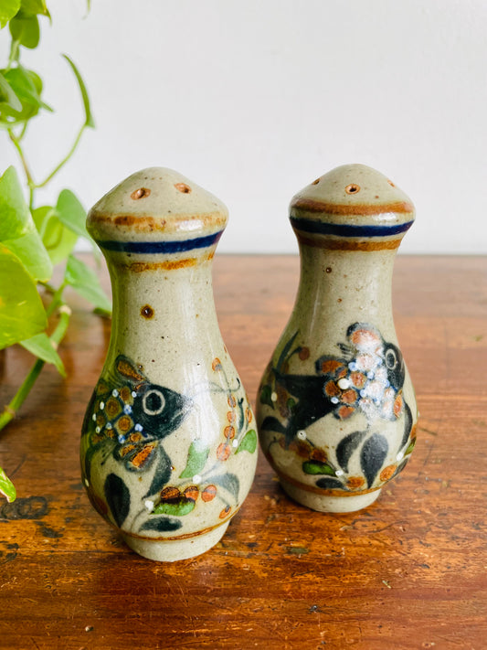 Vintage Tonala Mexican Pottery Salt & Pepper Shakers with Fish Design - Set of 2