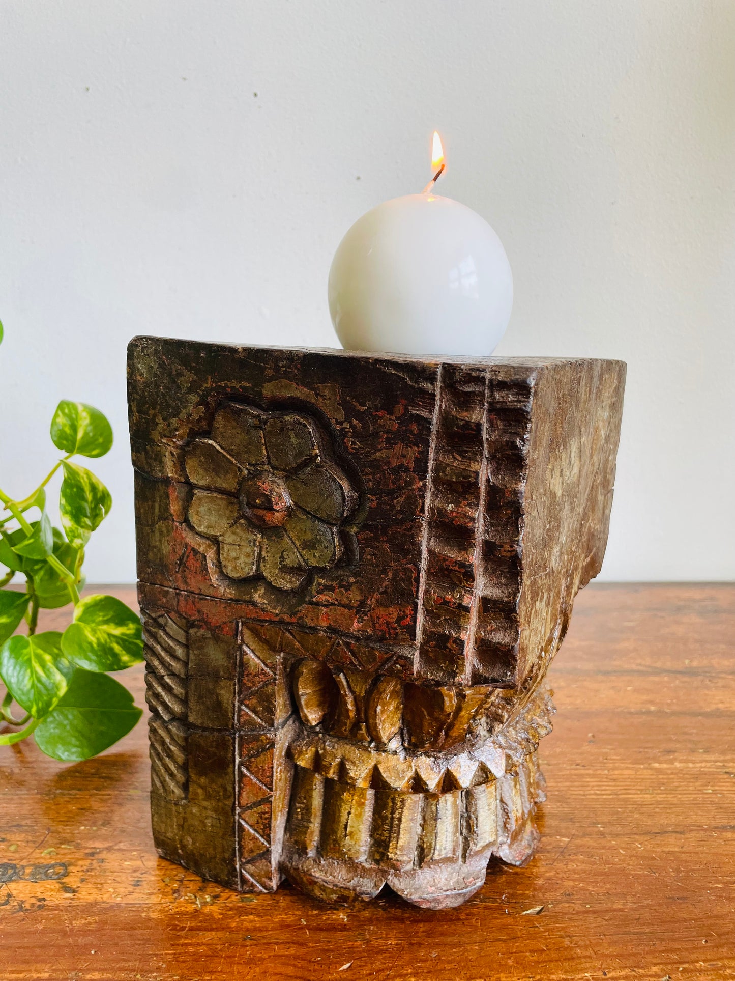 Vintage / Possibly Antique Hand-Carved Indian Architectural Salvage - Solid Wood Heavy Pillar Post from Temple or Home - Has Brackets for Hanging or Can Stand / Has a Candle Holder Spike Carved Out on Top