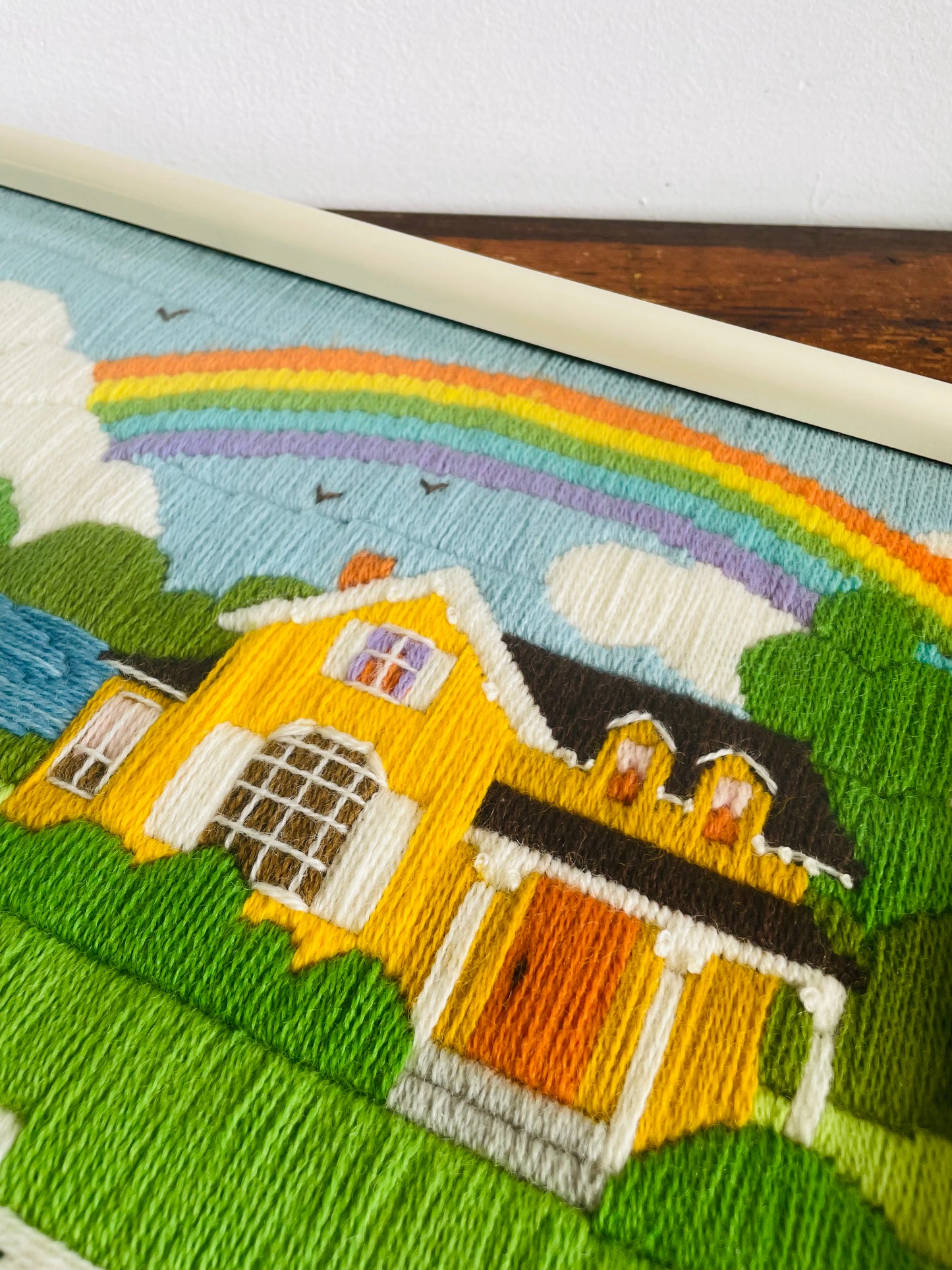 Vintage Absolutely Adorable Cheerful & Bright Crewel Embroidery Picture of Yellow House Under Rainbow - Signed on Back: To Adam Love Mommy & Daddy July 1986
