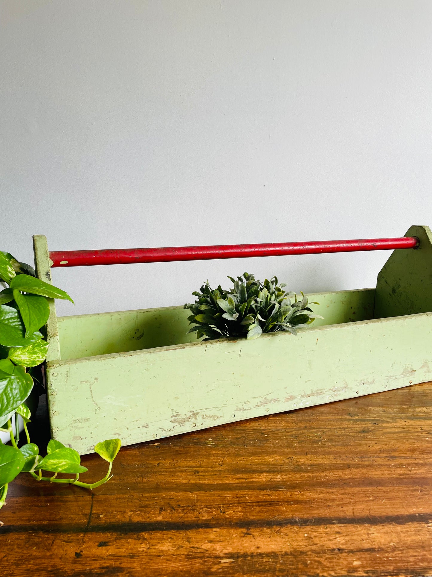 Giant Sage Green Wood Toolbox with Red Metal Handle - Makes a Beautiful Planter Box!