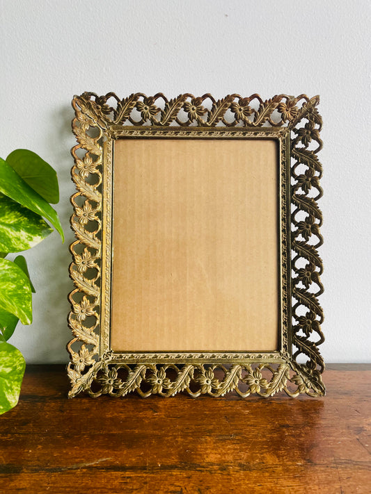 Large Ornate Brass Picture Frame with Ornate Floral Filigree & Wall Hooks to Hang