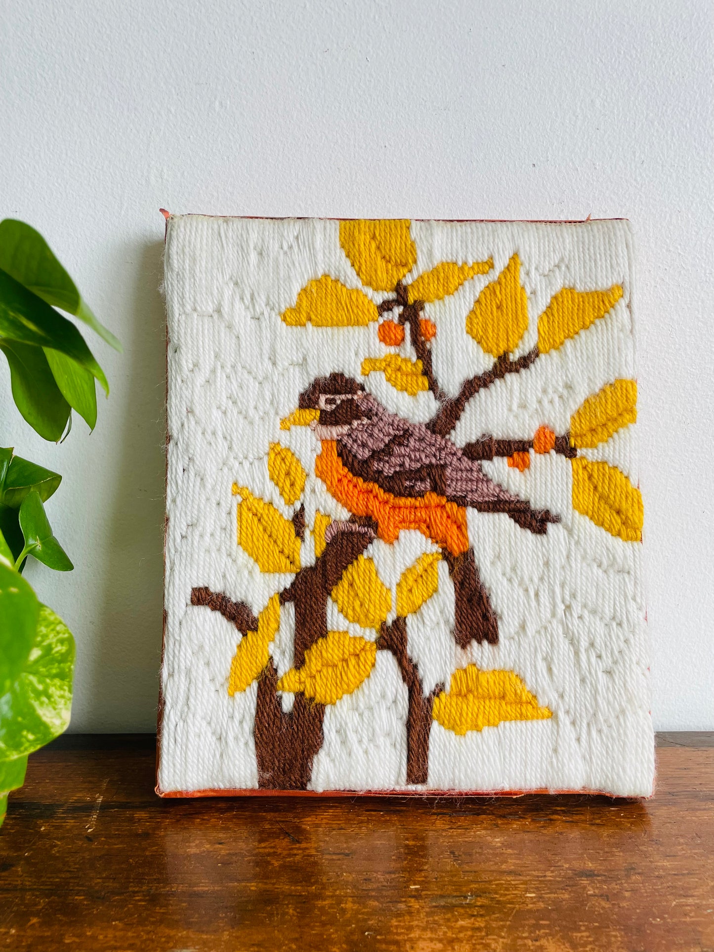 Crewel Embroidery Picture of Robin Bird in Tree