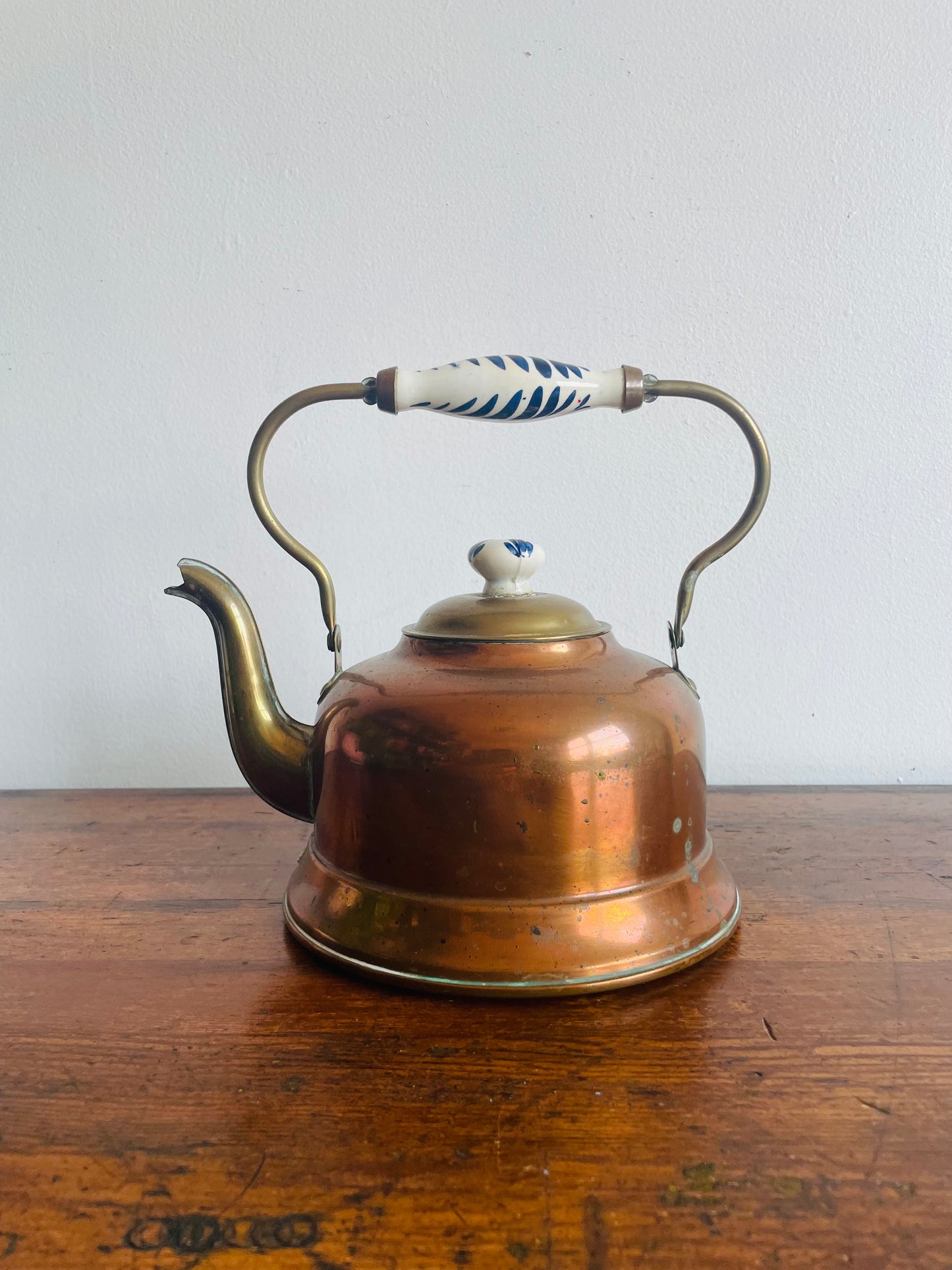 Copper Kettle with Blue & White Ceramic Handle