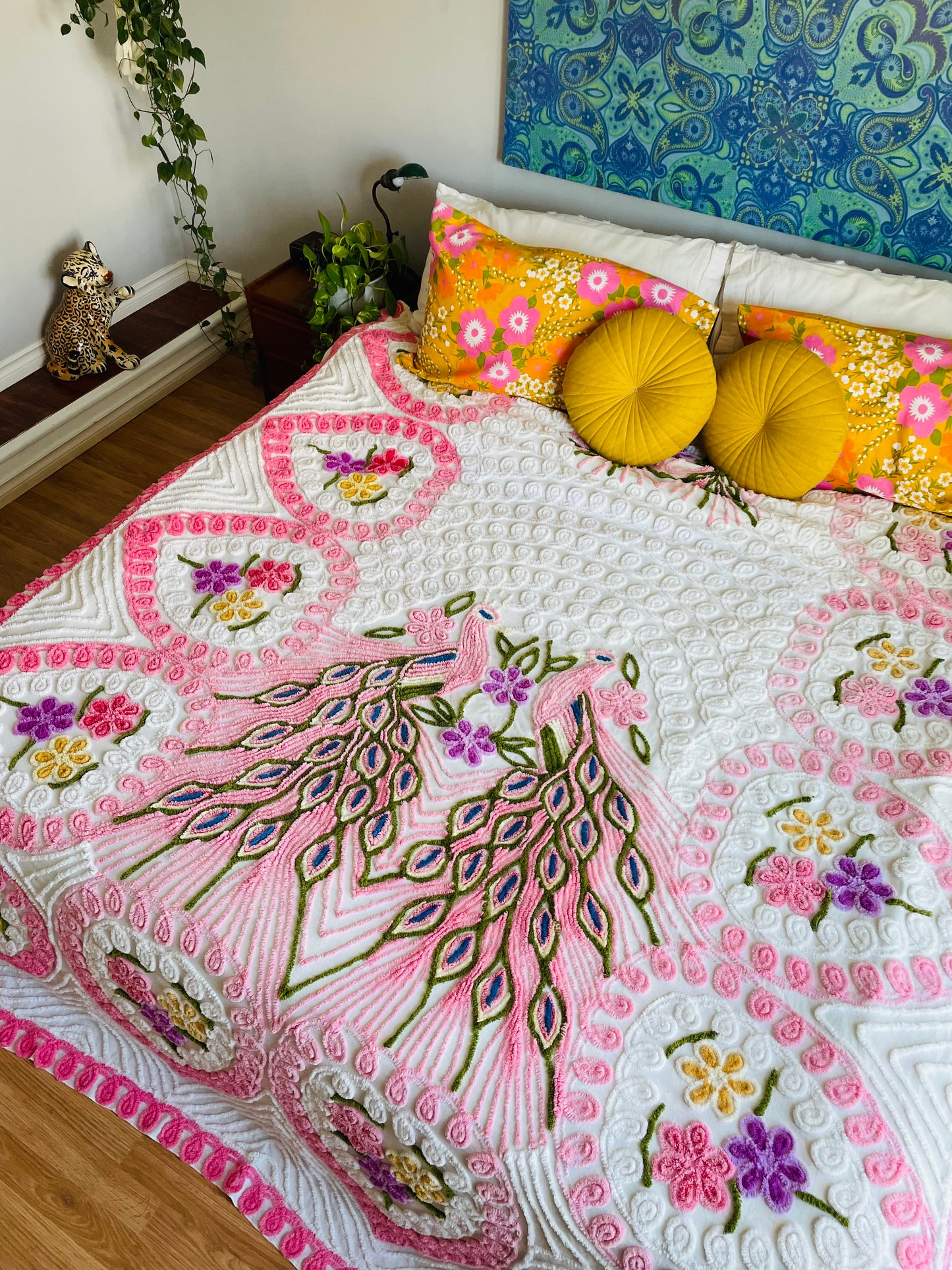 Stunning Chenille Bedspread Blanket with Bright & Colourful Double Peacock & Flower Design