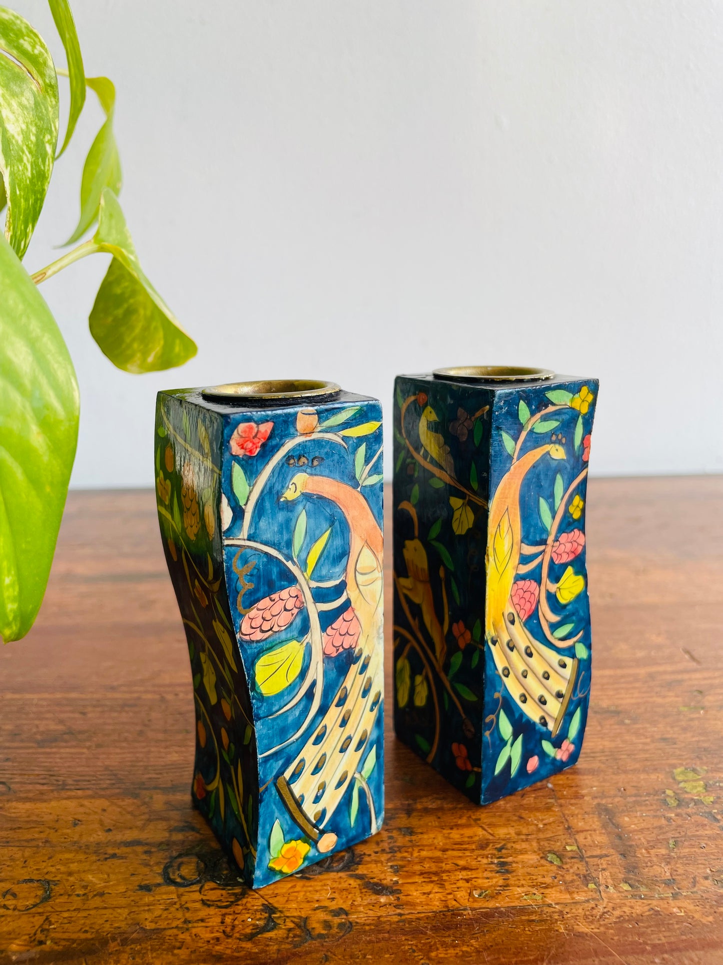 Israeli Lacquered Wood Wavy Candle Holders with Hand Painted Peacock, Lion, Deer, Bird & Flower Design - Yair Emanuel Shabbat Candles