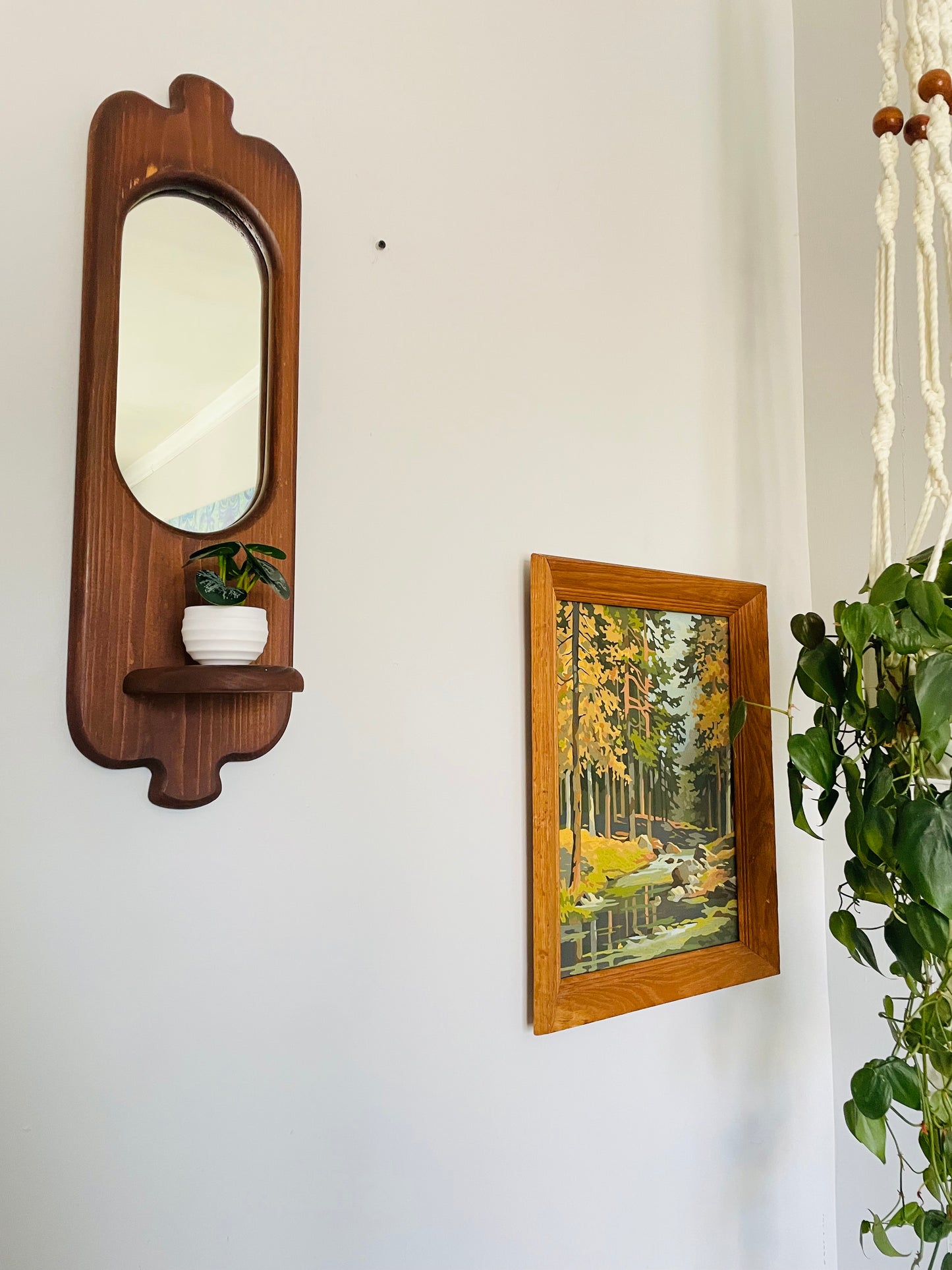 Vintage Organic Wavy Shaped Wood Mirror with Shelf Ledge #1 - 2 Feet Long - No Shipping