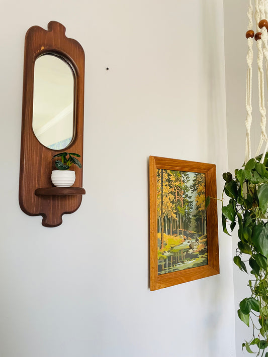 Vintage Organic Wavy Shaped Wood Mirror with Shelf Ledge #1 - 2 Feet Long - No Shipping