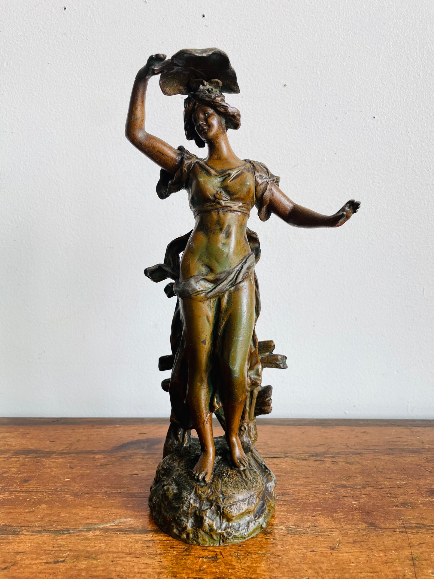 Vintage Art Nouveau Spelter Zinc Sculpture Statue with Bronze Patina - Playful Woman in Dress Frolicking with Leaf - Auguste Moreau Style - Please Read Note