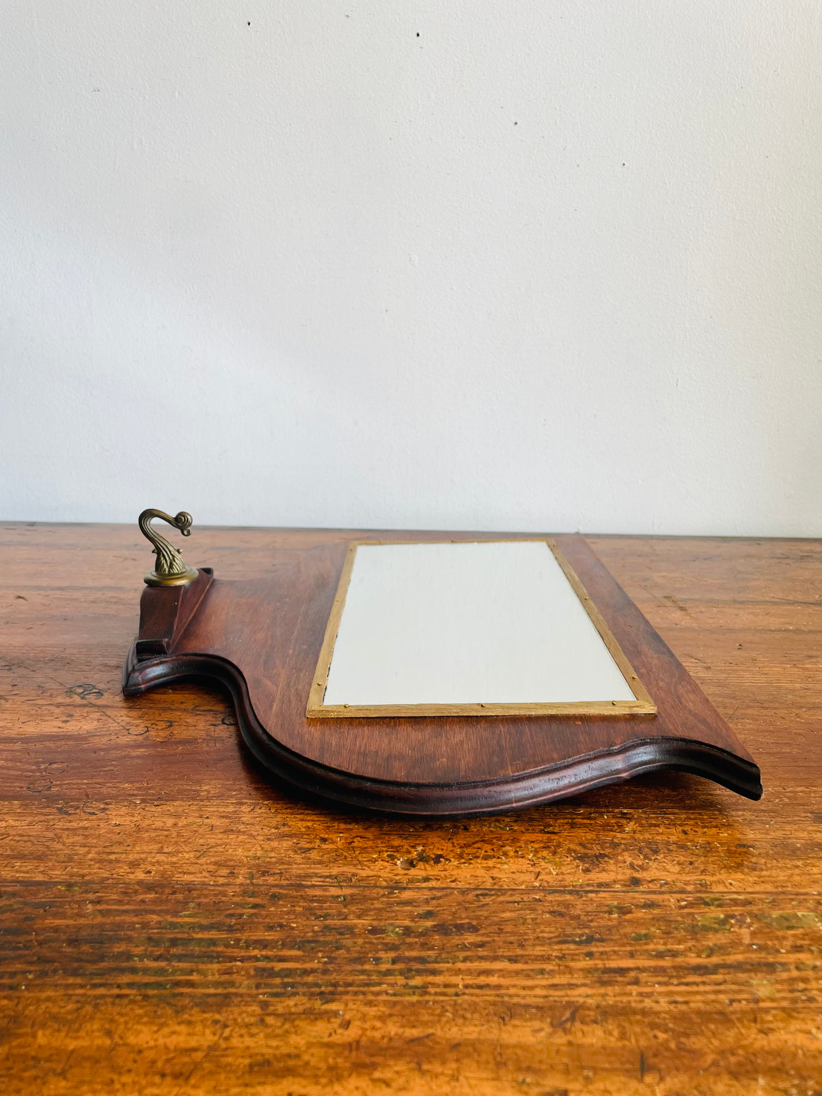Vintage / Antique Wood Mirror with Gold Trim & Brass Hook for Hanging Items