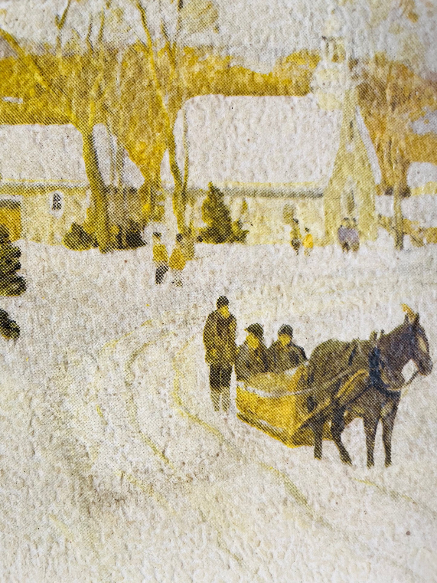 Snowy Winter Village Scene Print with Horse Drawn Sleigh Set Into Deep Wood Frame