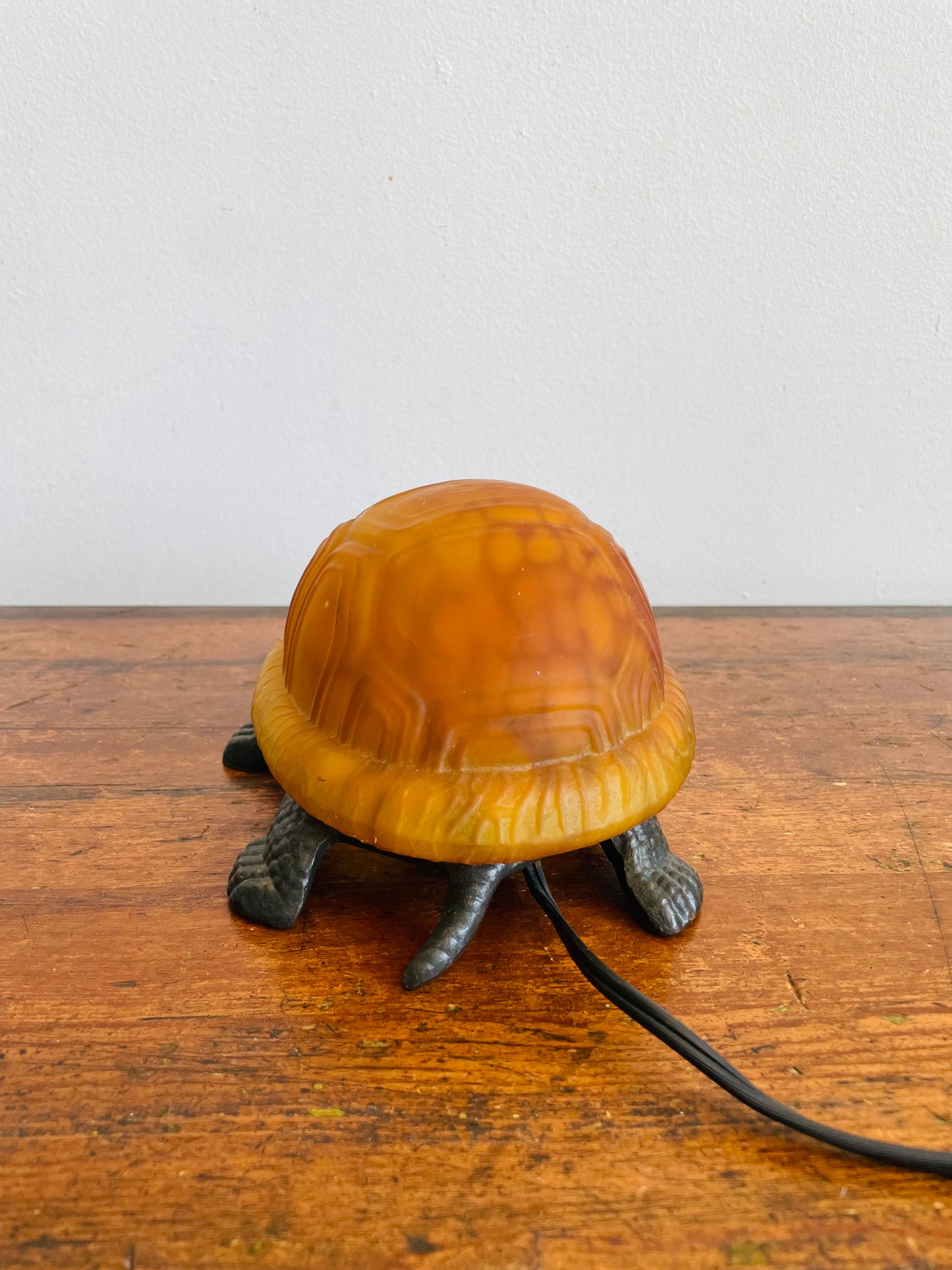 Vintage Cast Metal & Amber Glass Turtle Lamp - Tested / Works!