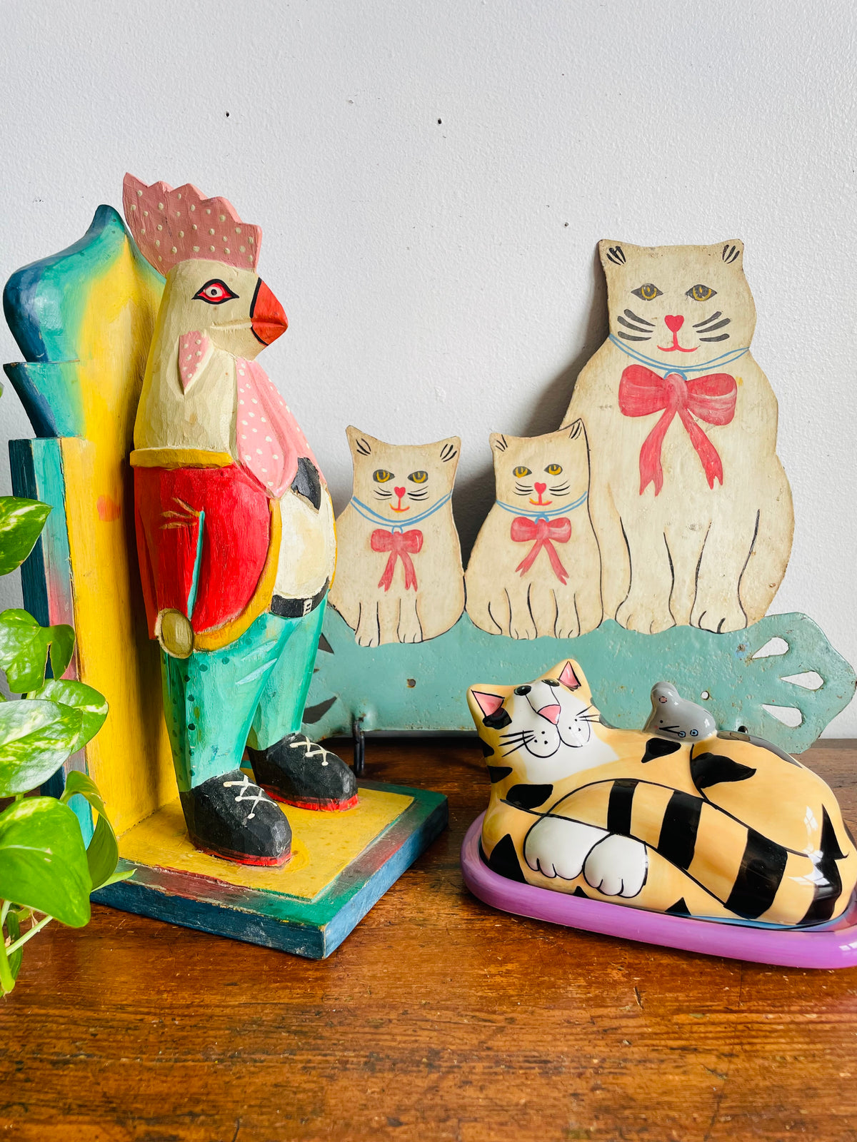 Vintage 2002 Bright & Fun Catzilla Striped Orange Cat & Mouse Butter Dish - Candace Reiter Designs - Whimsical Home Decor