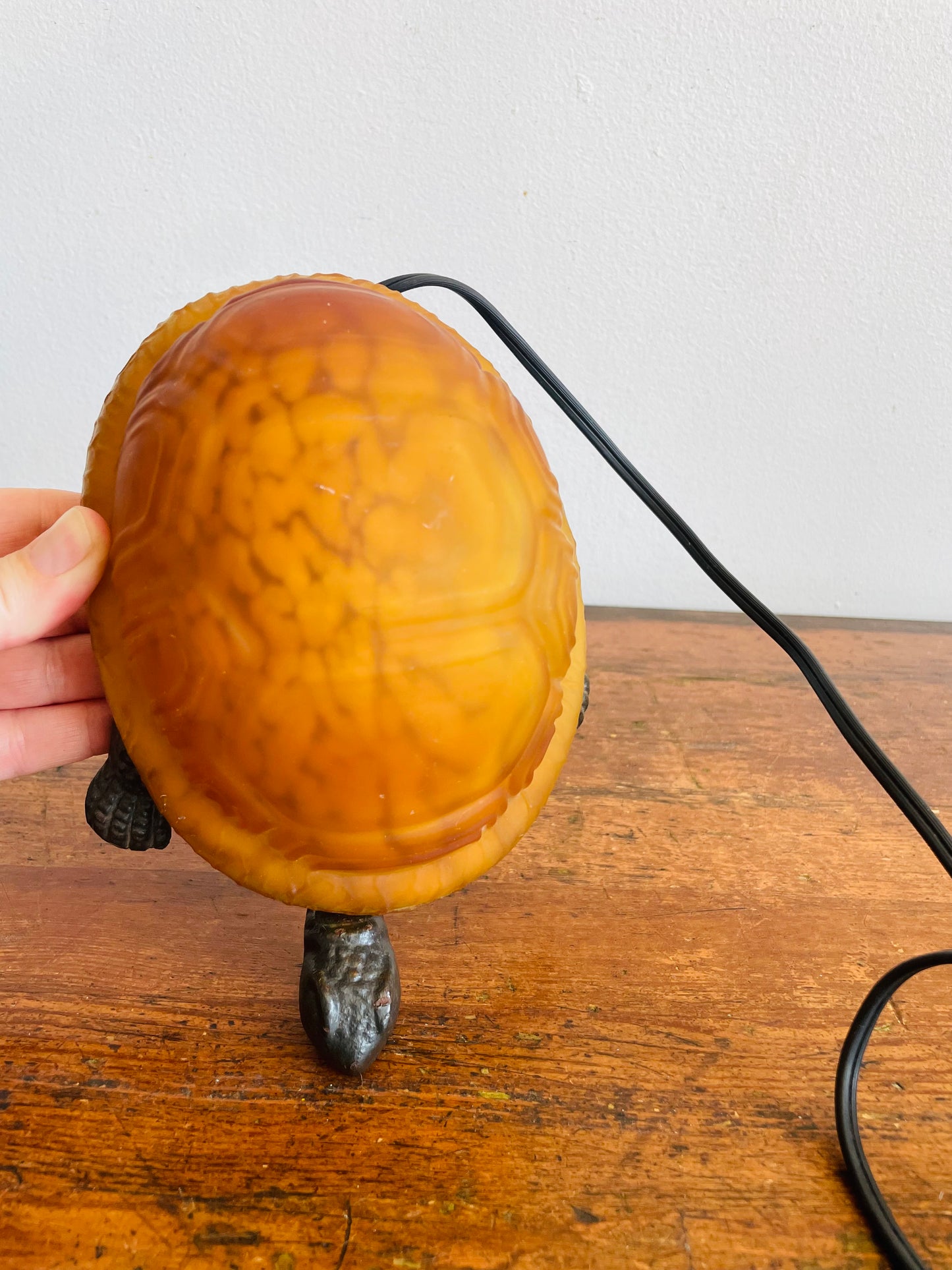 Vintage Cast Metal & Amber Glass Turtle Lamp - Tested / Works!