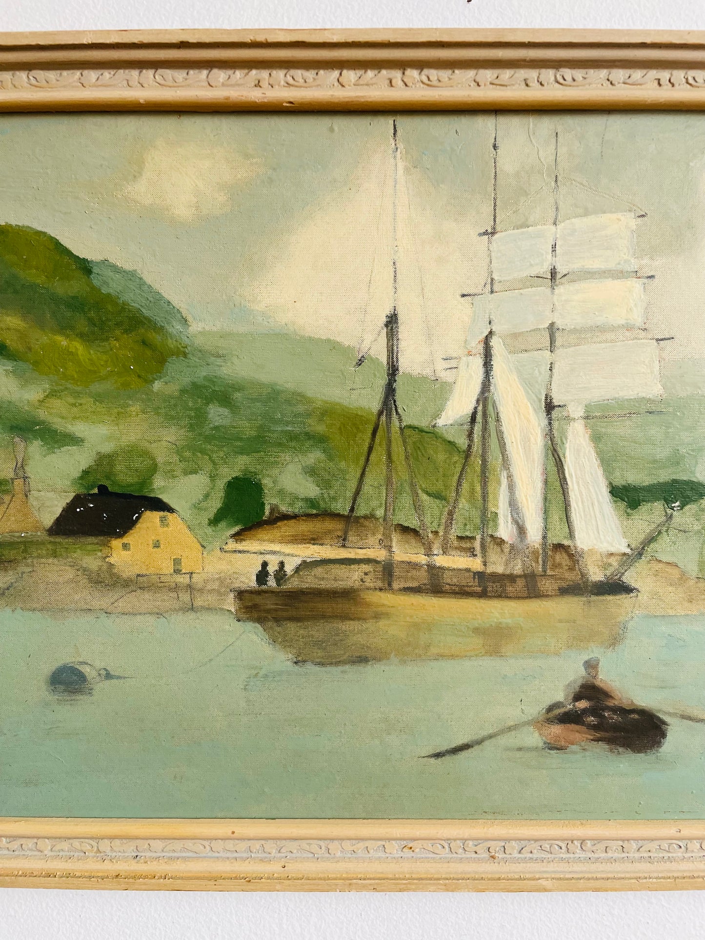 Original Art Painting Picture of Boats in Harbour with Green Rolling Hills in Background