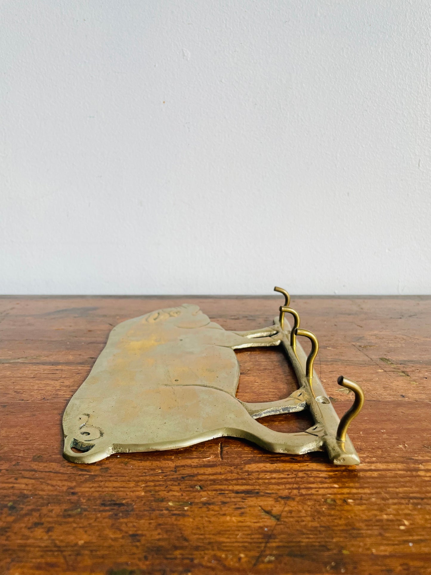 Vintage Solid Brass Pig Wall Rack Hanger with 4 Sturdy Hooks - Keys, Tea Towels, Etc.