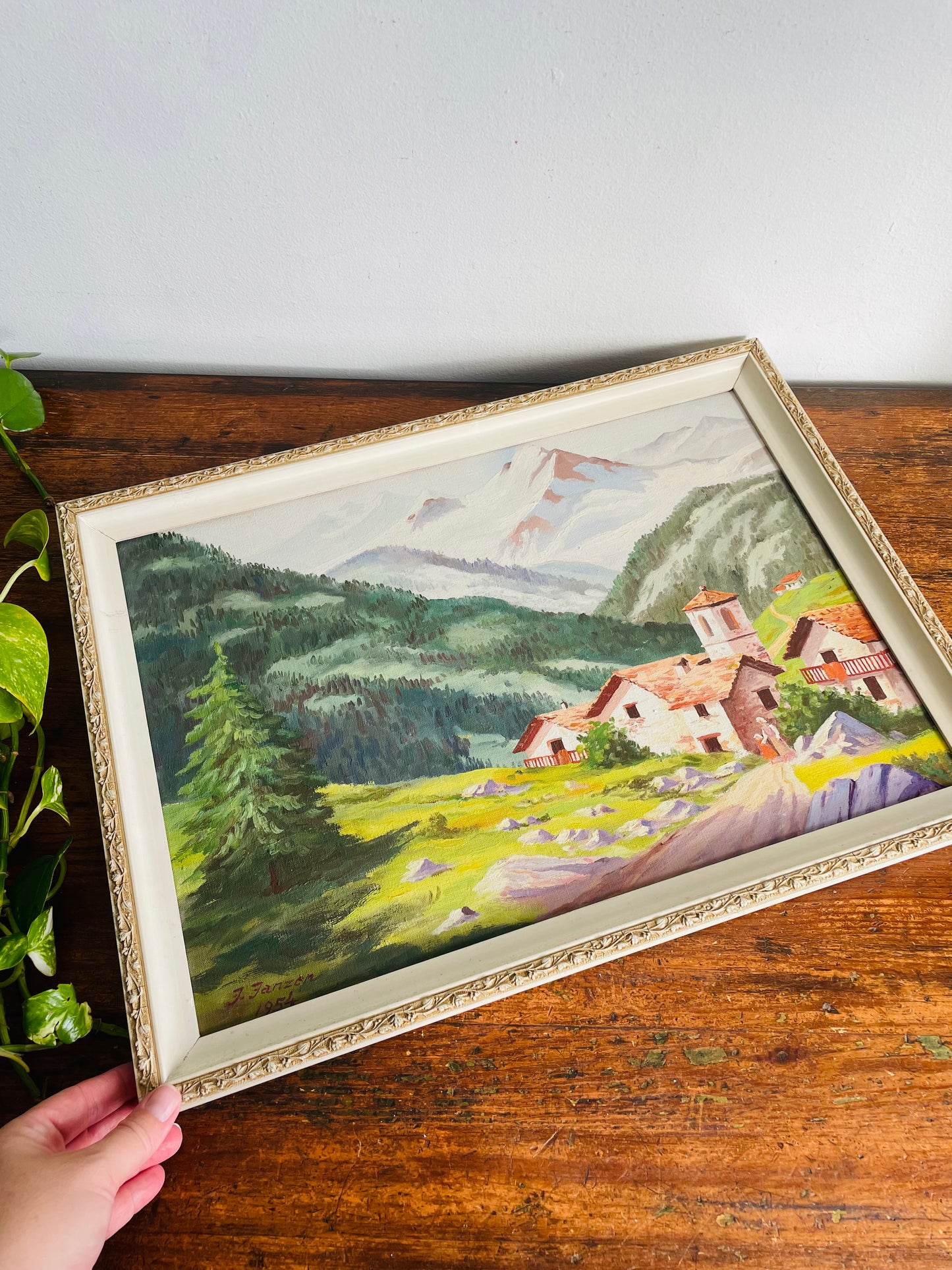 Vintage 1954 Original Art Painting Picture - Swiss Alps Mountain Scene with House & Woman Walking with Little Girl - Artist Signed