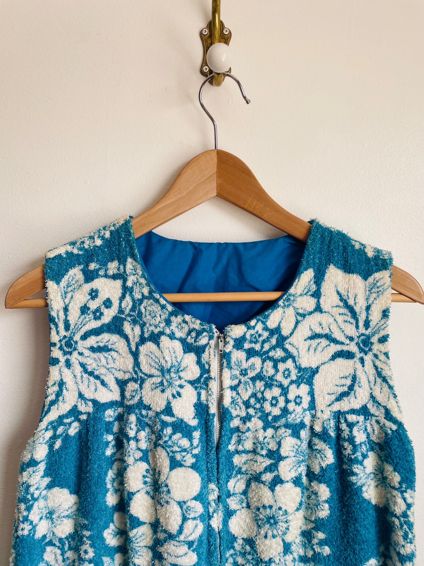 Zippered Terry Cloth Towel Dress or Beach Cover-Up with Pockets & Blue & White Tropical Hibiscus Flower Design