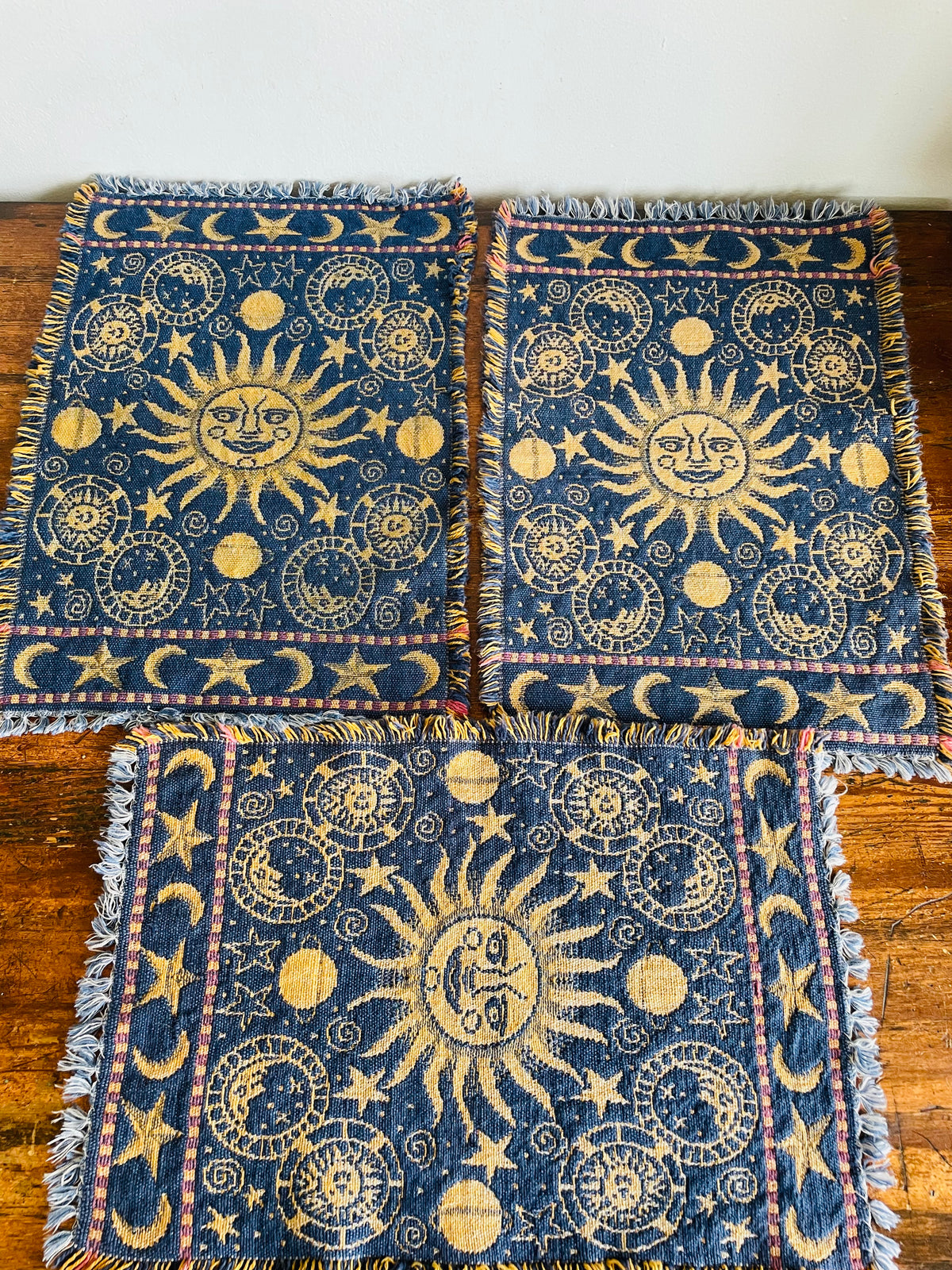 Vintage Blue & Yellow Reversible Celestial Tapestry Fabric Fringed Placemats with Sun, Moon & Star Design - Whimsigoth Decor - Set of 6