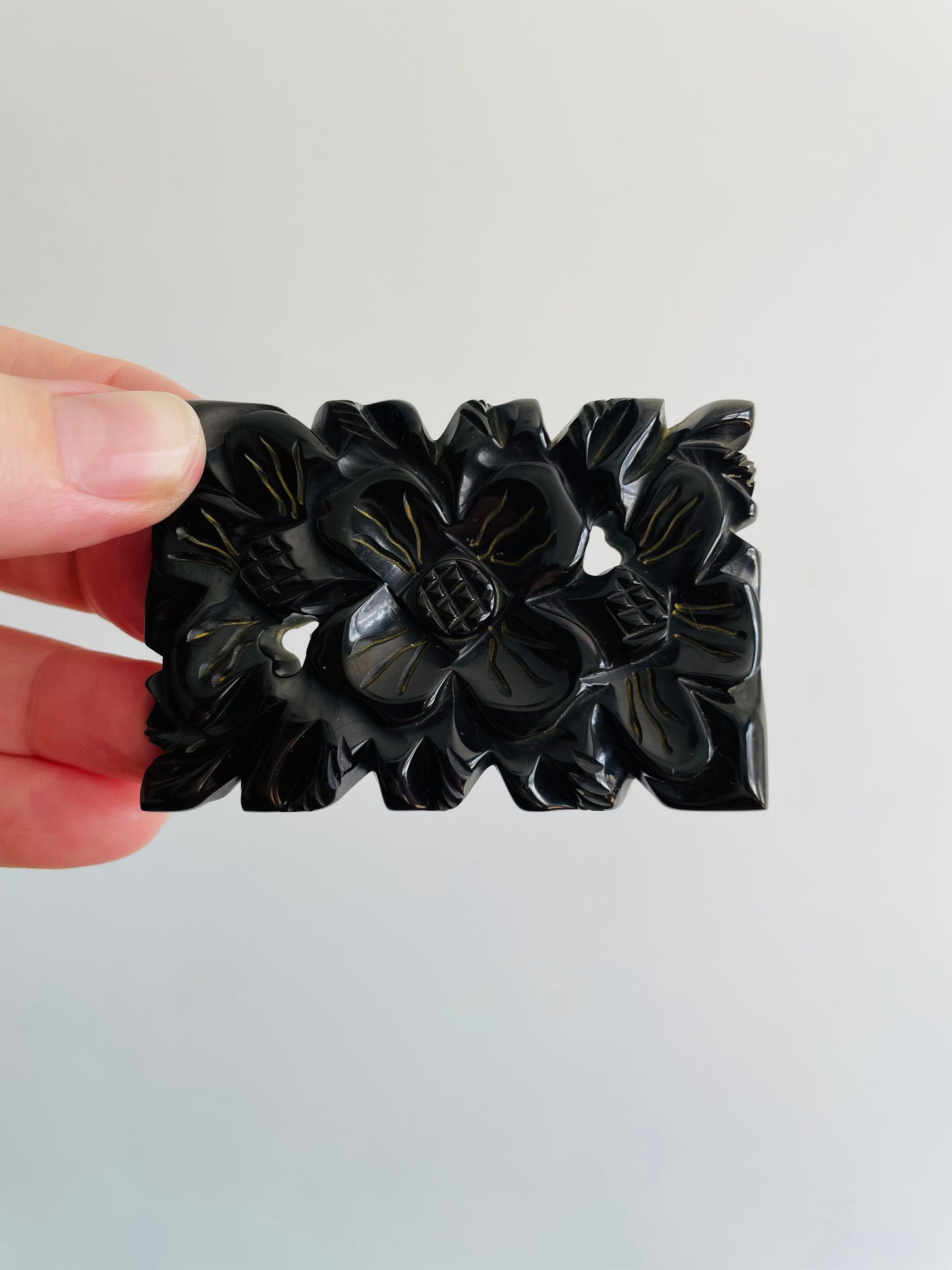 Black Bakelite Brooch Pin with Flower Design