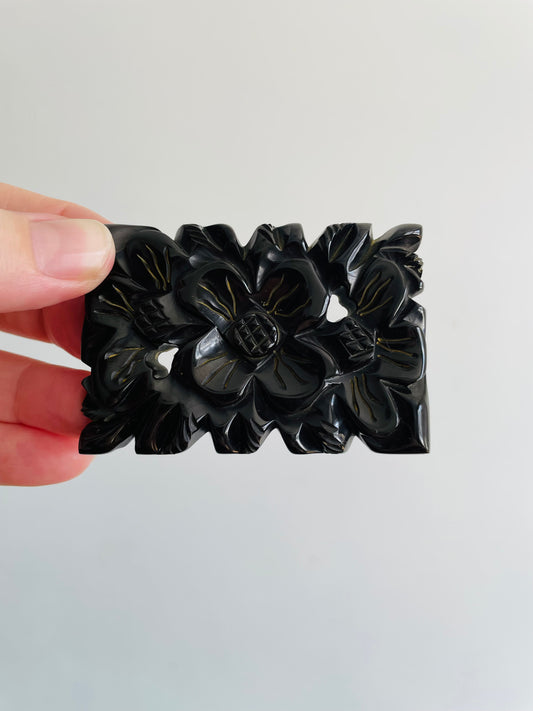 Black Bakelite Brooch Pin with Flower Design