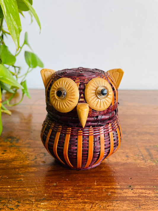 Vintage Mid-Century Modern Woven Wicker Wood Owl Basket Box Container with Lid